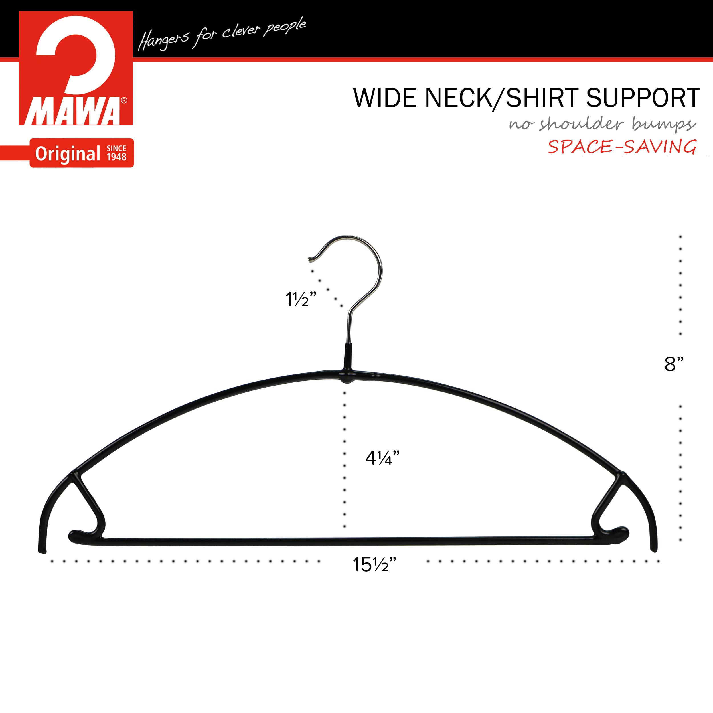 Mawa by Reston Lloyd Euro Ultra Light/Thin Series  Non-Slip Space-Saving Clothes Hanger with Bar & Hooks for Pants and Skirts  Style 42/PTU  Set of 10  Black