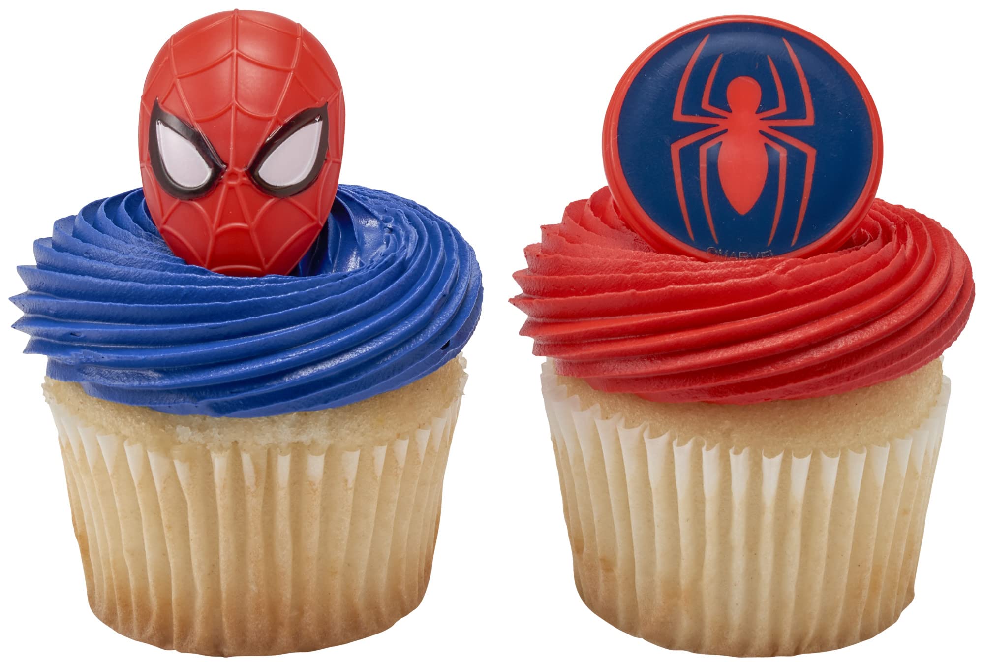 DecoPac Marvel's Spider-Man Spider and Mask Rings  Spider-Man Cupcake Decorations  Red and Blue Food Safe Cake Toppers - 24 Pack