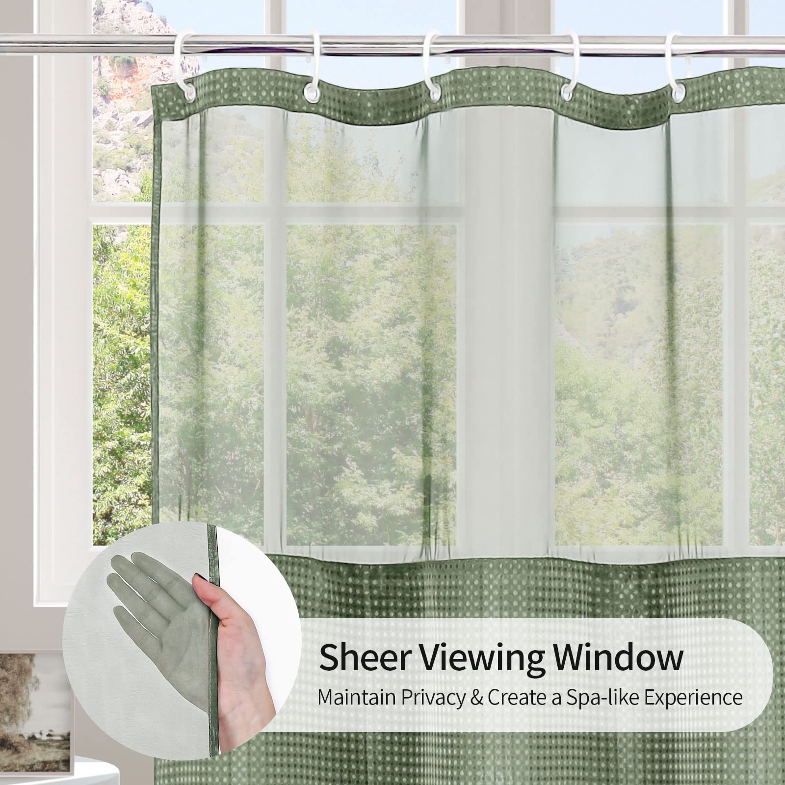 MitoVilla Green Waffle Shower Curtain Set with Snap-in Liner  Modern Sage Green Waffle Weave Fabric Shower Curtain for Luxury Neutral Hotel & Spa Bathroom Decor  72 x 72