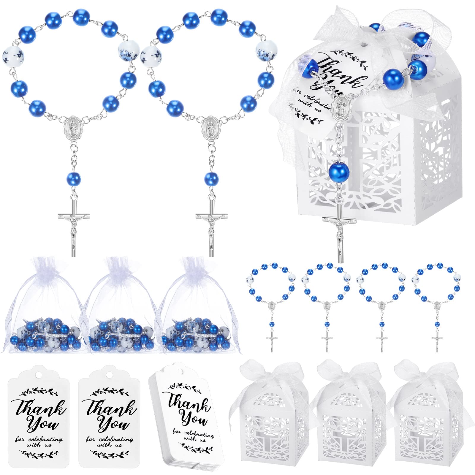 100 Pcs Baptism Favors Set Includes 25 Pcs Mini Rosary 25 Pcs Baptism Favor Boxes 25 Pcs White Organza Bags 25 Pcs Kraft Thank Y