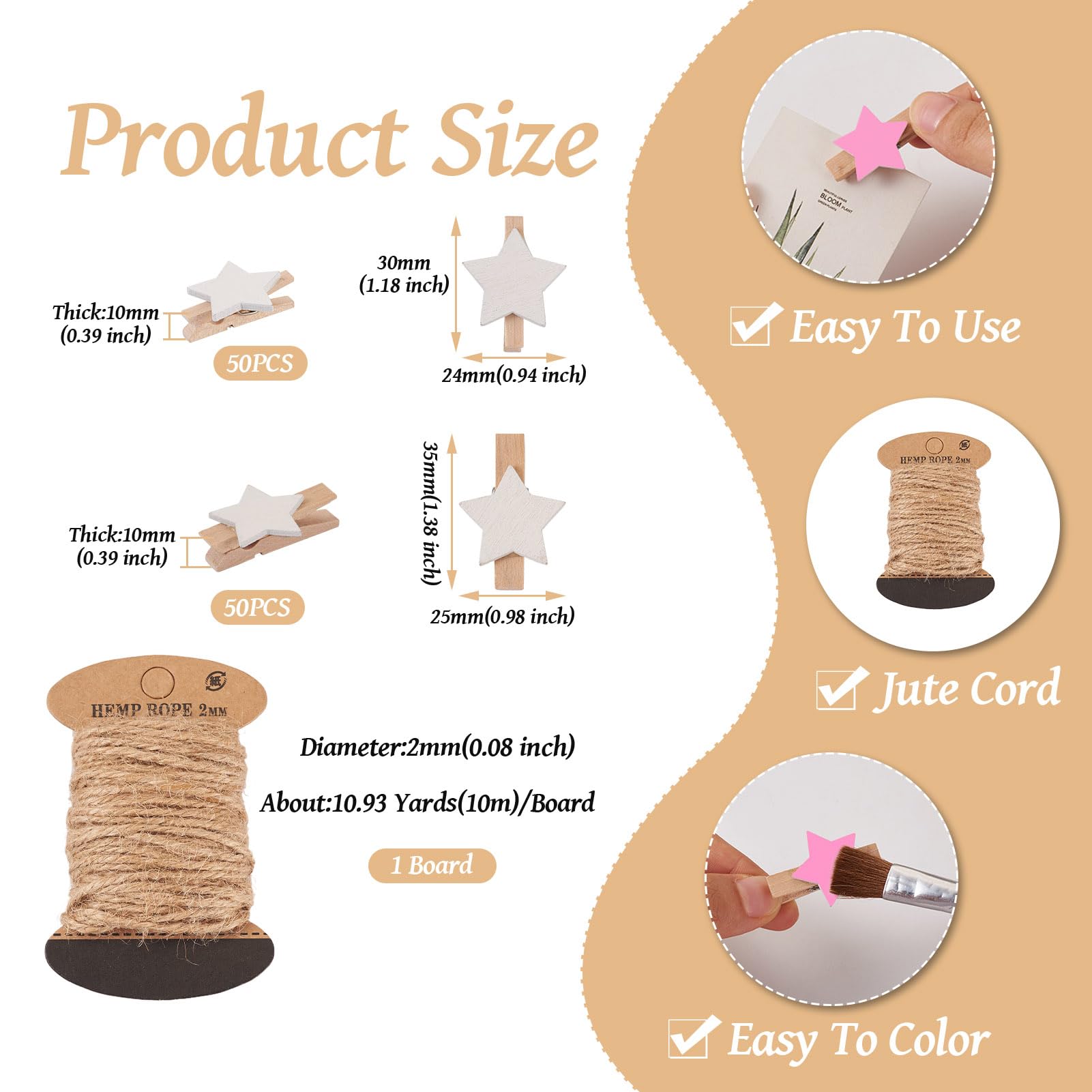 Pandahall 100Pcs Wooden Star Clothespins Photo Clips Photo Paper Pegs Clips White Mini Clothes Pins Holiday Card Holder Display