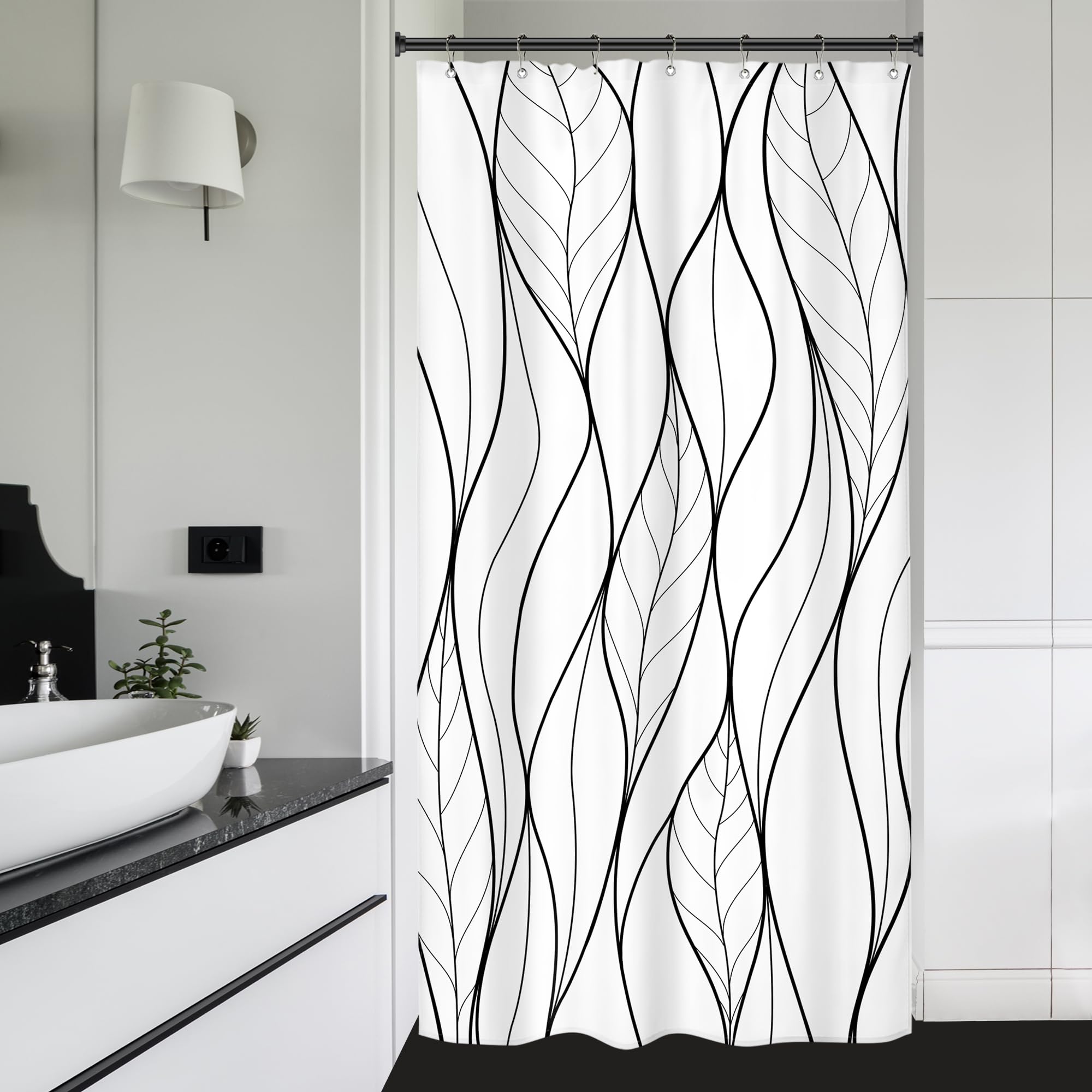 Riyidecor Small Stall Rv Black White Leaves Shower Curtain Half Single Boho Abstract Striped Leaf Geometric Modern Simple Cool 3