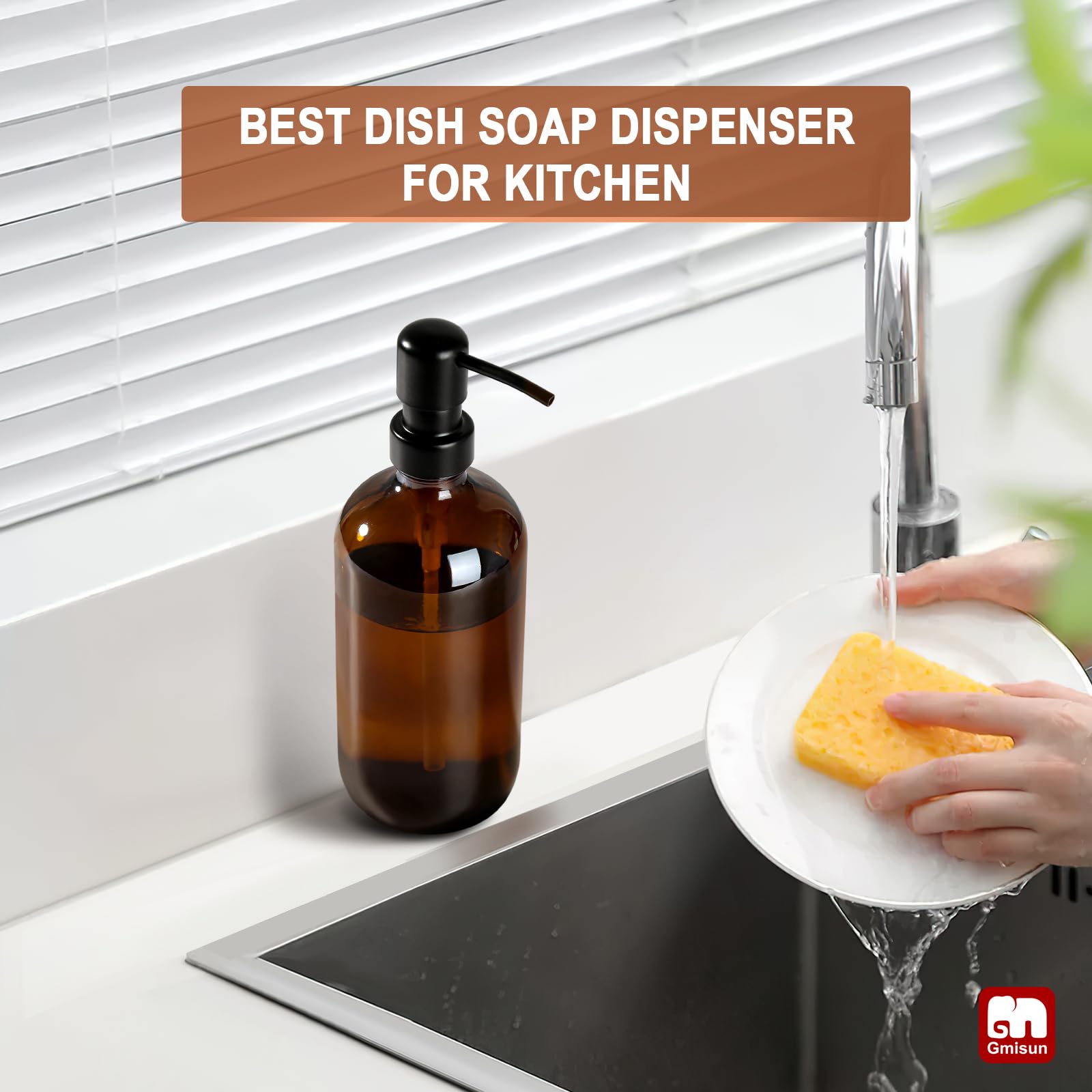 Gmisun Amber Glass Soap Dispenser, 1 Pack Dish Soap Dispenser For Kitchen With Rustproof Stainless Steel Pump, 16 Oz Bathroom Ha