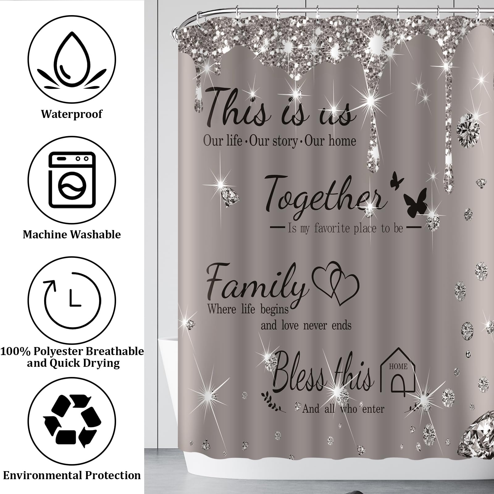 Juwute 4Pcs Family Shower Curtain Sets With Non-Slip Rugs, Toilet Lid Cover And Bath Mat,Grey Glitter Diamond Home Bathroom Deco