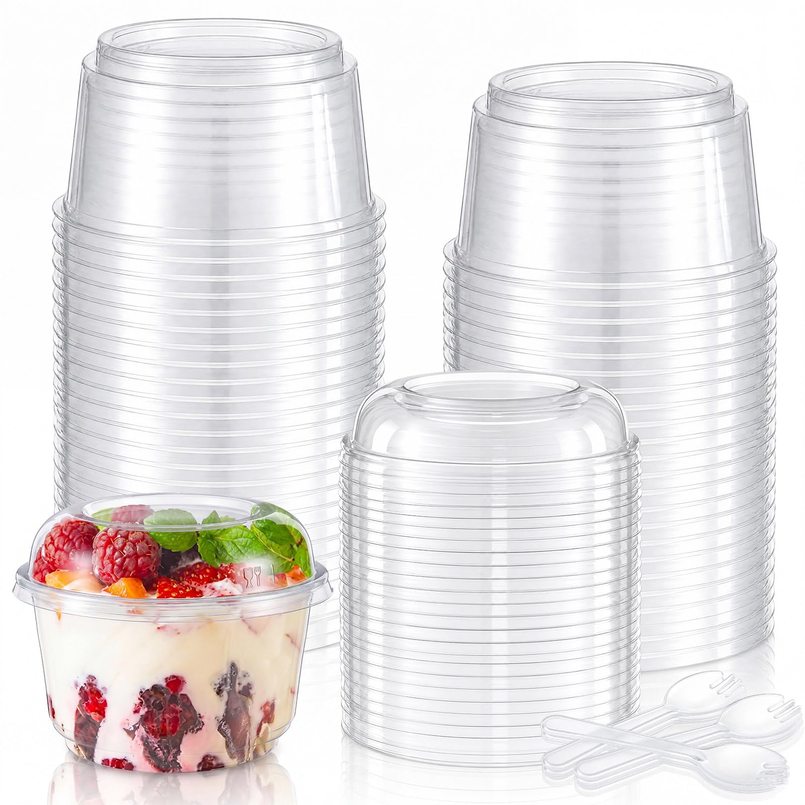 Hushee 100 Pack 16 oz Plastic Dessert Cups with Dome Lids and Spoons Acai Bowls Clear Disposable Snack Bowls for Yogurt Parfait 