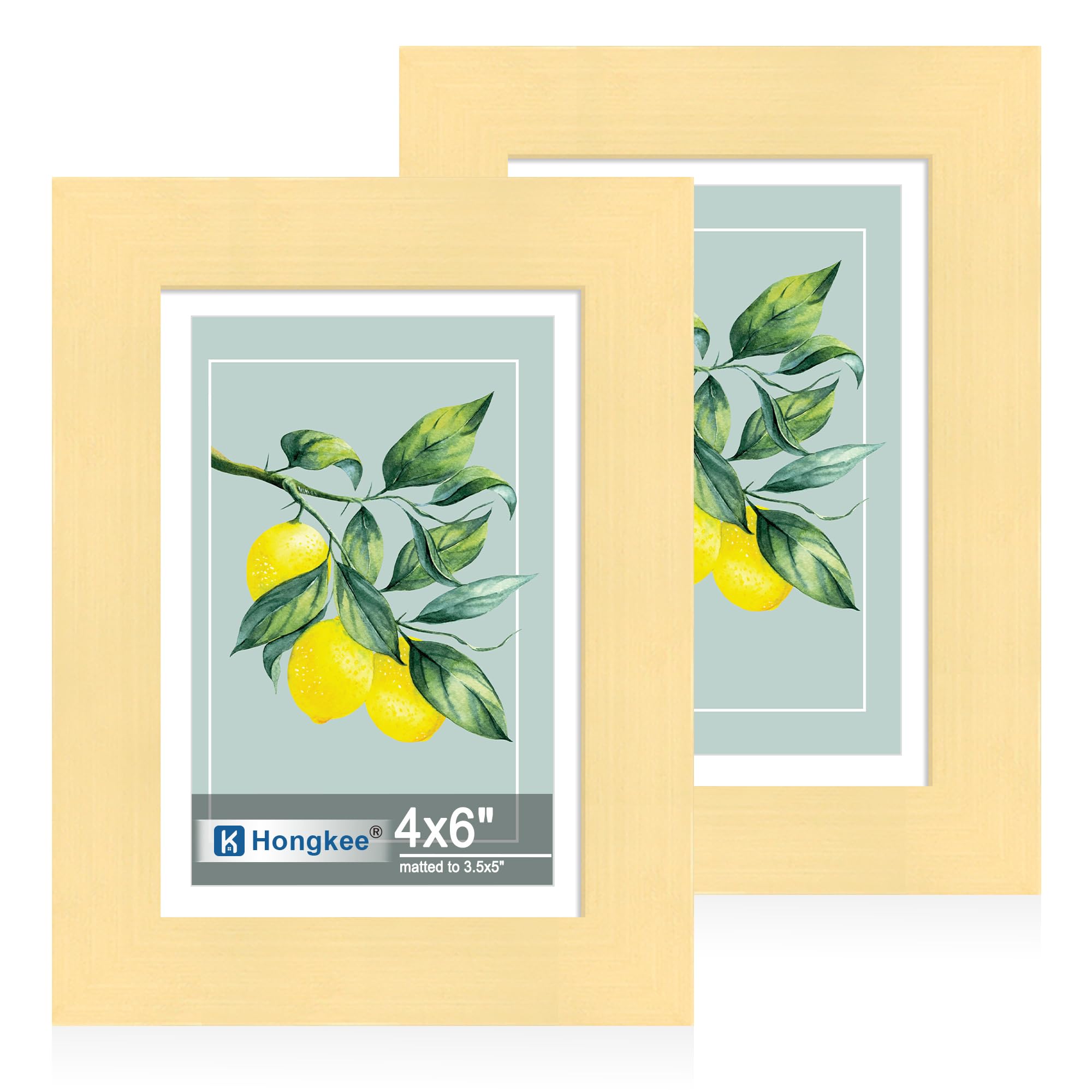 Hongkee 4x6 Picture Frame Set of 2, Made of Real Glass and Gold Wooden Frame - Display Pictures 3.5x5 with Mat or 4x6 Without Ma
