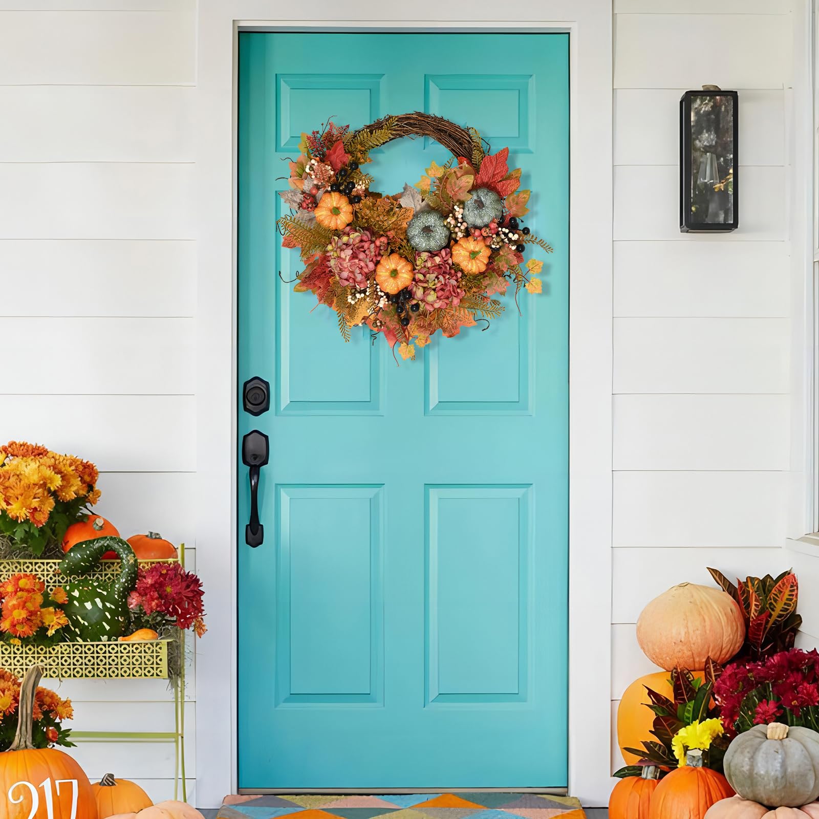 20 Inch Fall Wreaths for Front Door - Half-Circle Autumn Wreath, Porch Wall Window Home Decor - Thanksgiving Farmhouse Style
