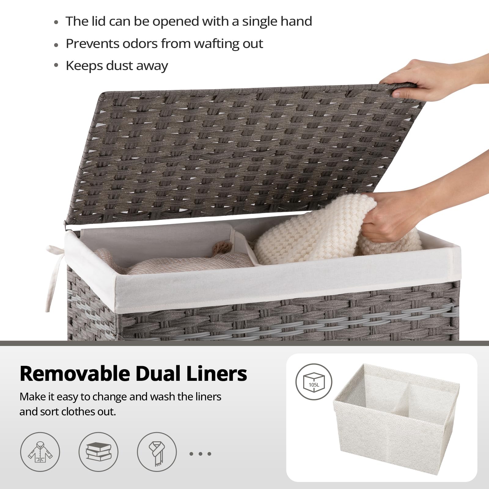 Oiahomy Storage Basket With Lid, 27.7 Gallon (105L) Blanket Basket With Removable Liner Bag, Synthetic Wicker Basket With Handle