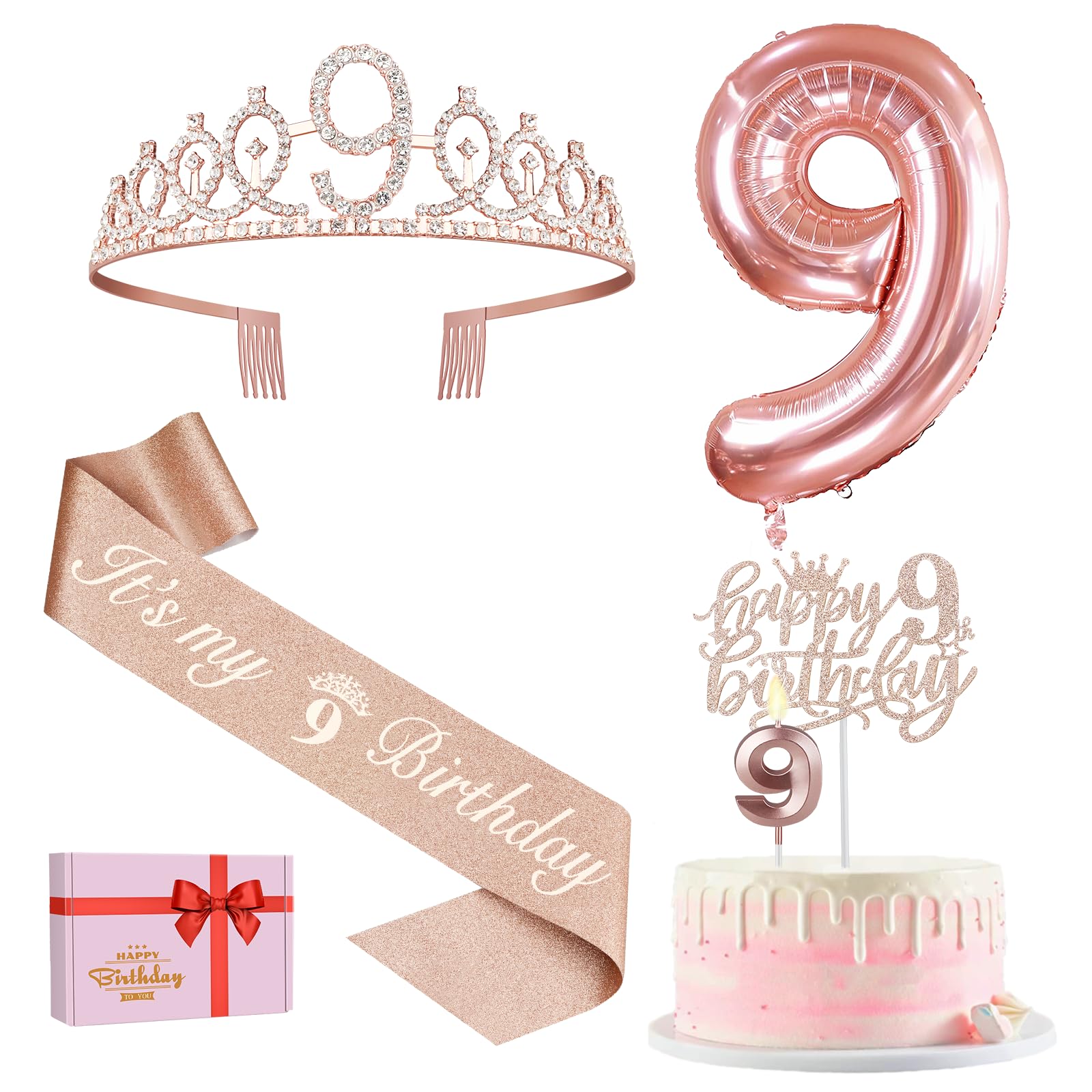 9Th Birthday Decorations For Girl Including 9Th Birthday Girl Sash And Tiara For Girls, 9 Birthday Candles And Cake Topper, 9 Ba