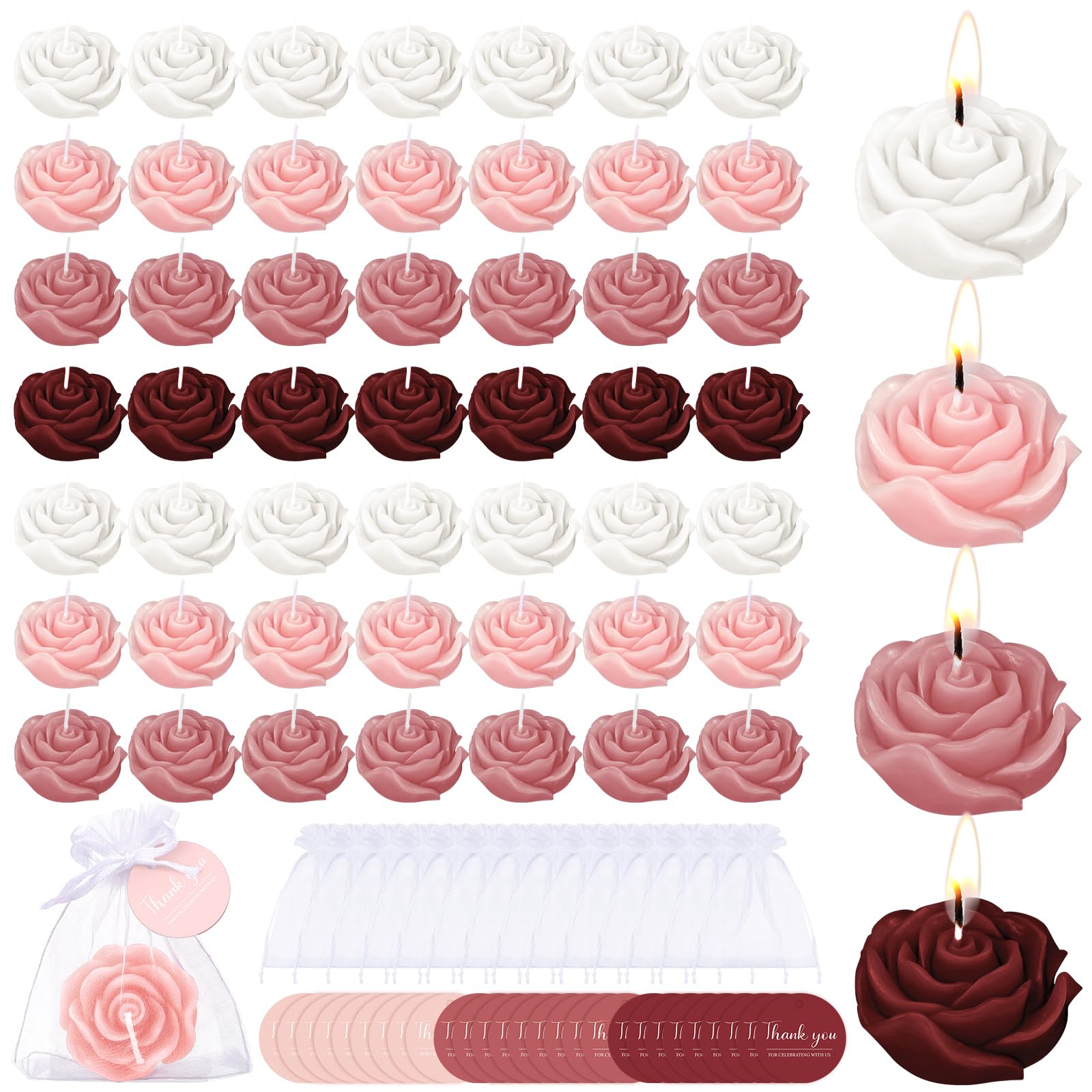 Treela 50 Set Flower Candles Wedding Favor for Guests Mini Burgundy Rose Shaped Tealight Candles for Return Gift Wedding Birthda
