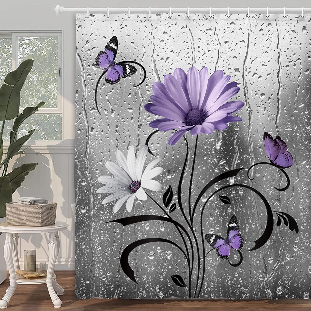 Uokiuki Rustic Purple Floral Boho Shower Curtain, Country Farmhouse Daisy Flowers And Butterfly Shower Curtain For Bathroom, Gre