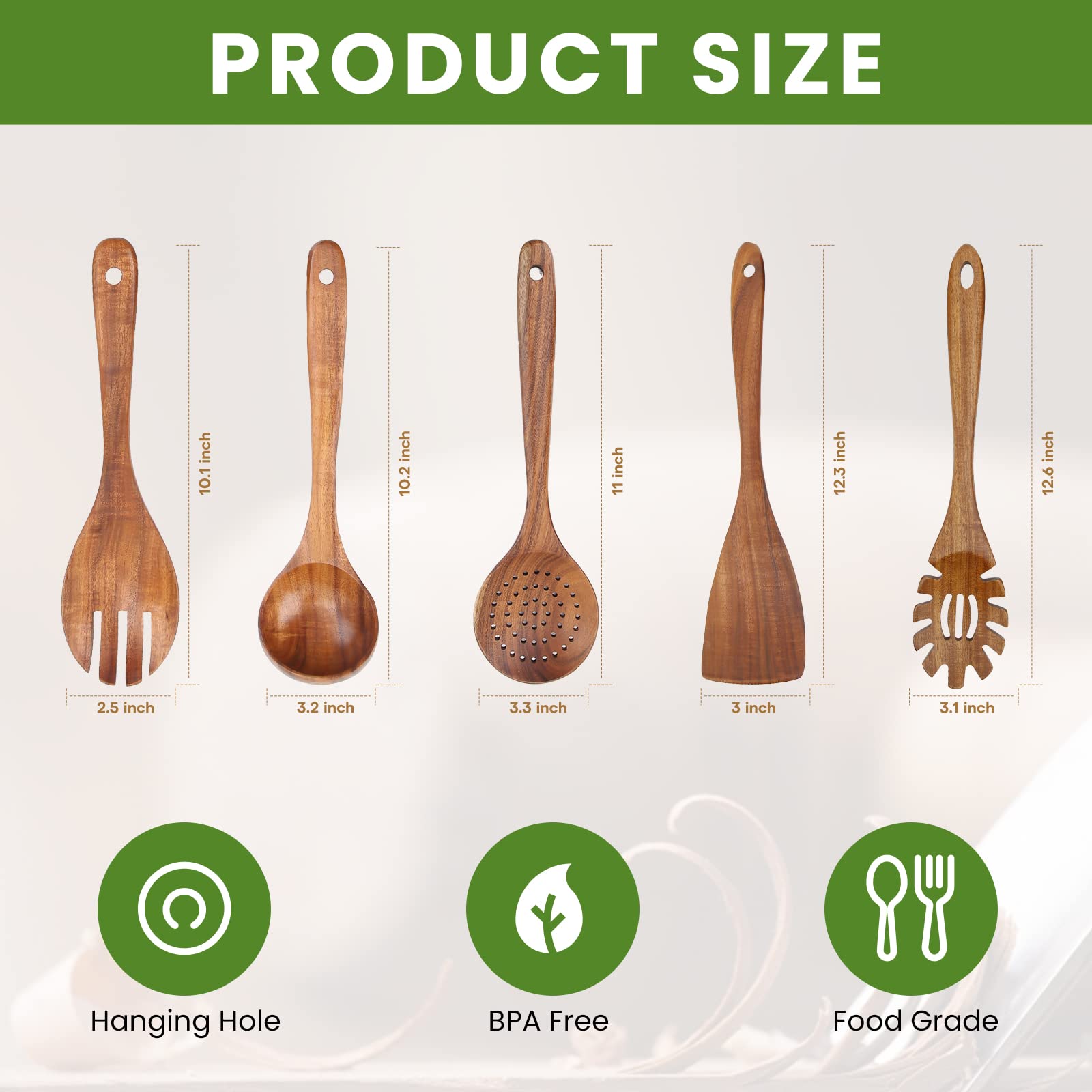 Wooden Kitchen Utensil Set For Non-Stick Cookware, Wooden Spoons For Cooking, Long Handle Wooden Spatulas For Cooking, 5 Pcs Dur