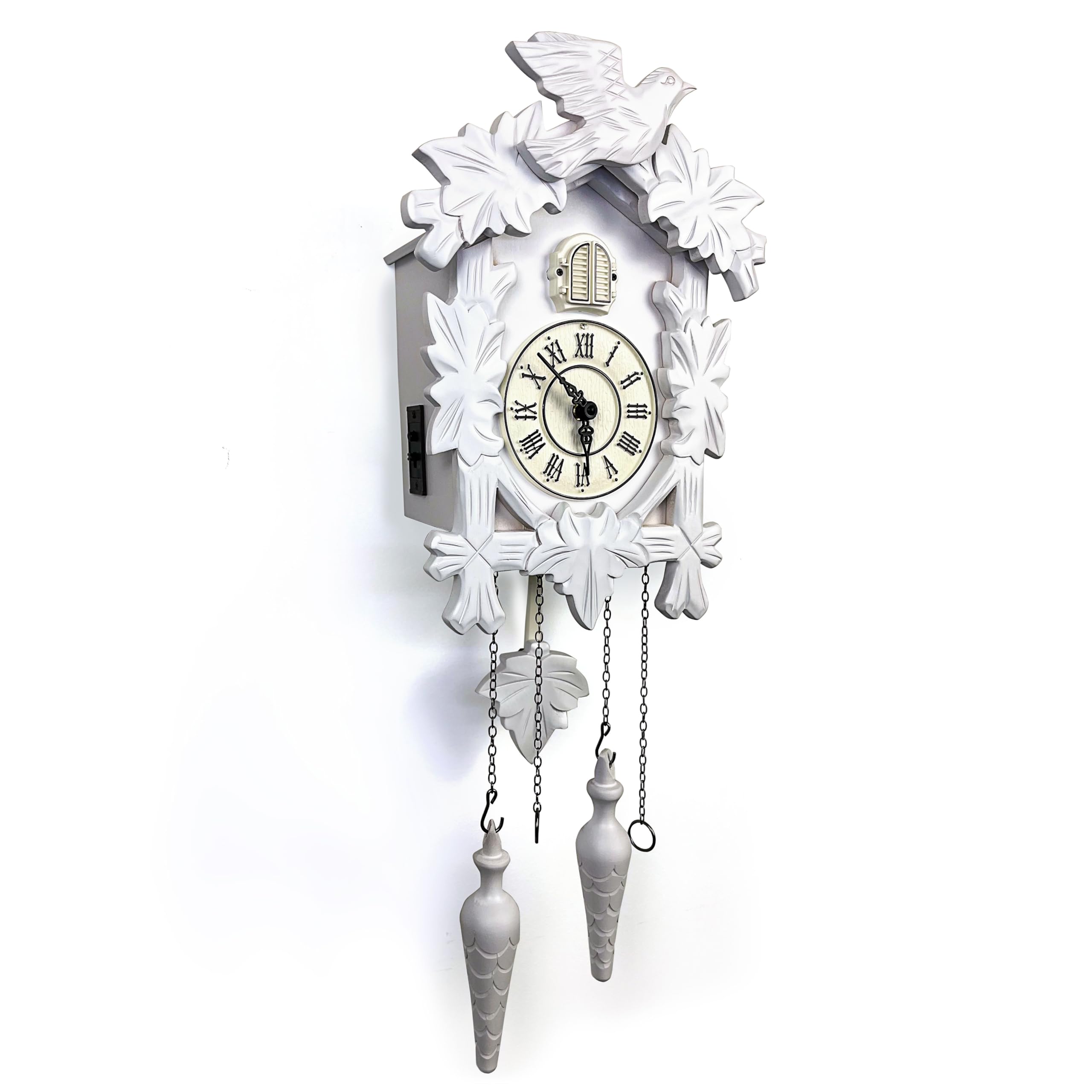 Rylai Cuckoo Clock Vintage Large Wooden Wall Clock Handcrafted 13X9.5 Inch (White)