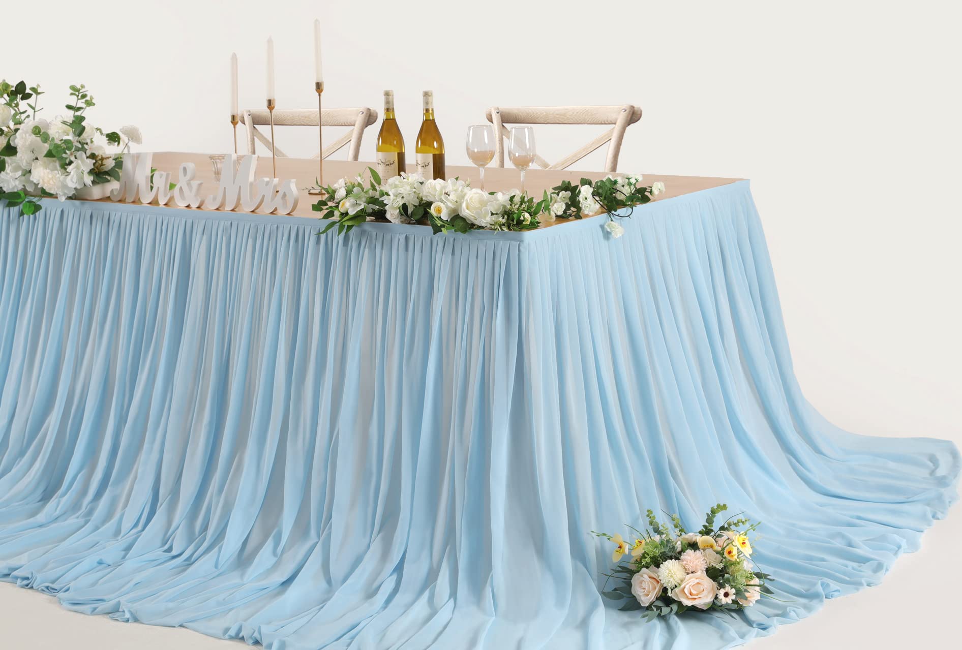 Mohoeey 9Ft Extra Long Blue Chiffon Table Skirts With Pooling Tablecloth For Wedding, Birthday, And Cake Table Decorations
