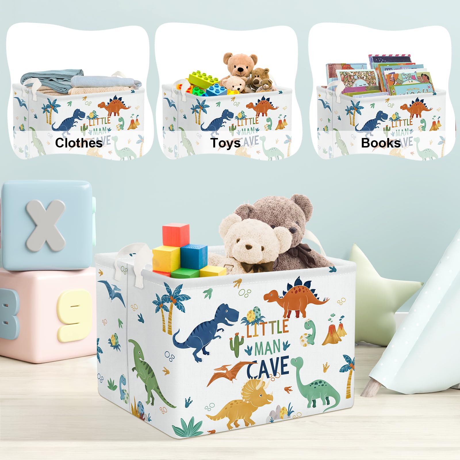 Clastyle 36L Large Boho Dinosaur Pterosaur Shelf Basket With Handle Collapsible Rectangle Dino Palm Tree Toy Clothes Storage Bas