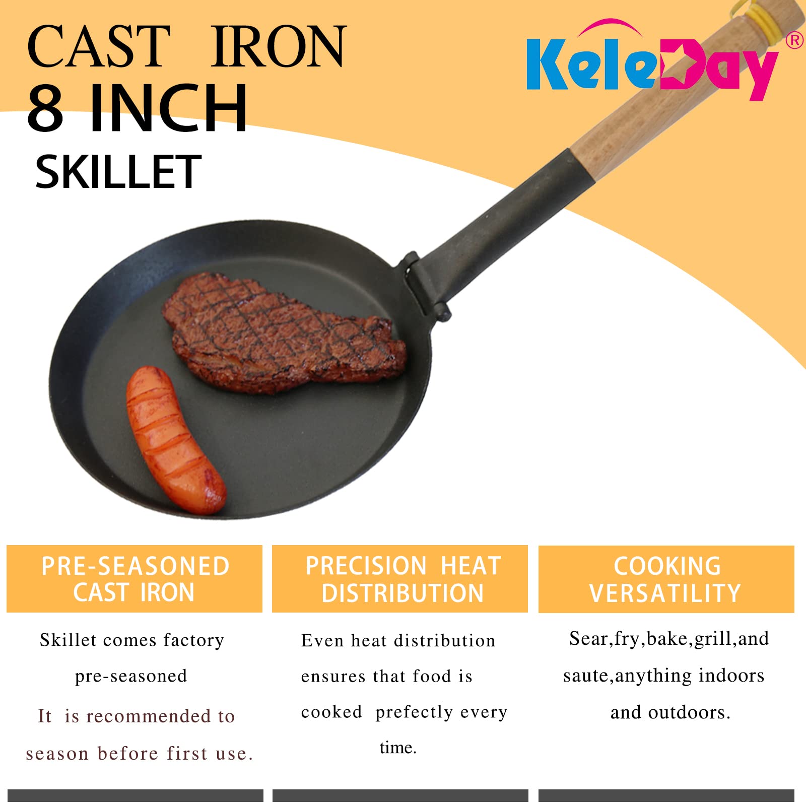 Keleday 8.2 Inch Cast Iron Skillets, Non Stick Frying Pan, Cast Iron Griddle Pan For Camping Indoor & Outdoor Use,Pre-Seasoned G