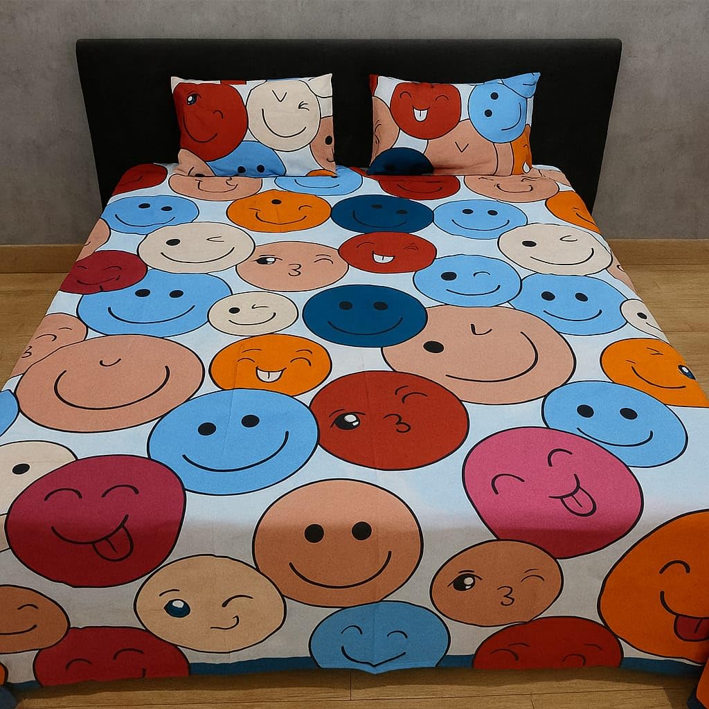 Esphire Colorful Smiley Face Double Bed Sheet Set, Multicolor Emoji Pattern Design, Cotton Bedding With Pillowcases