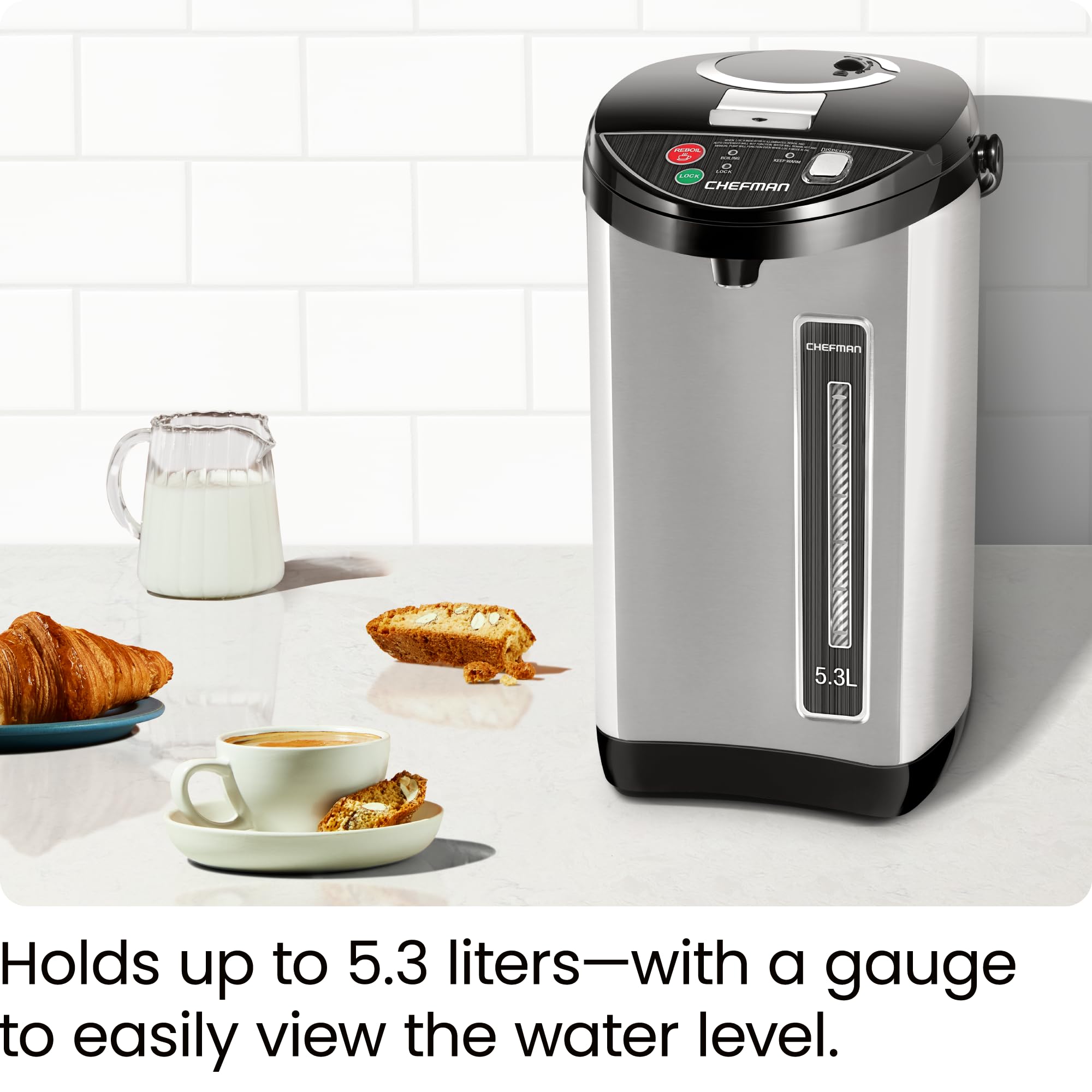 Chefman Electric Hot Water Pot Urn W/Auto & Manual Dispense Buttons, Safety Lock, Instant Heating For Coffee & Tea, Auto-Shutoff