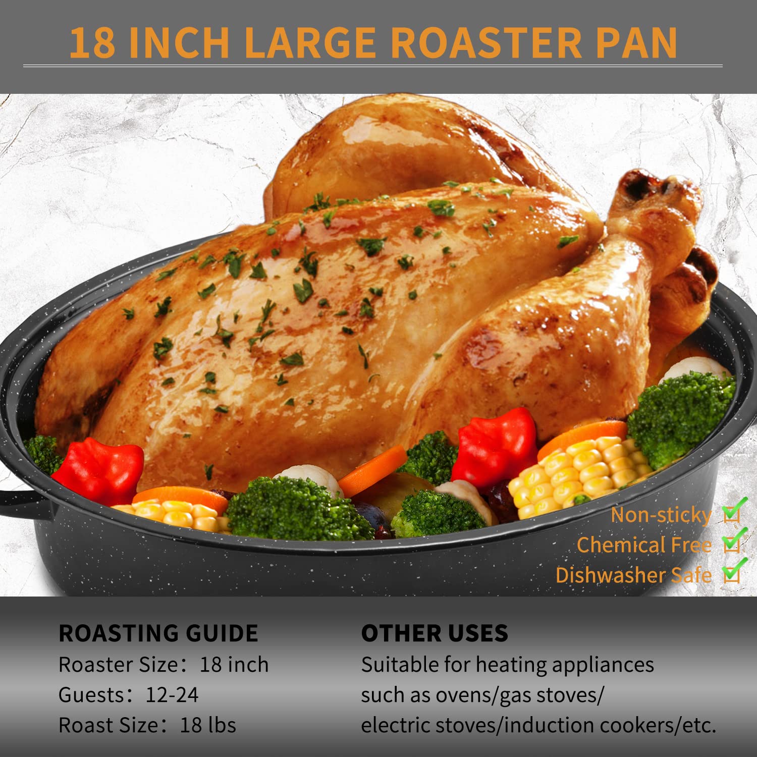 Jy Cookment Granite Roaster Pan, 18    Enameled Roasting Pan With Domed Lid. Oval Turkey Roaster Pot, Broiler Pan Great For Turk