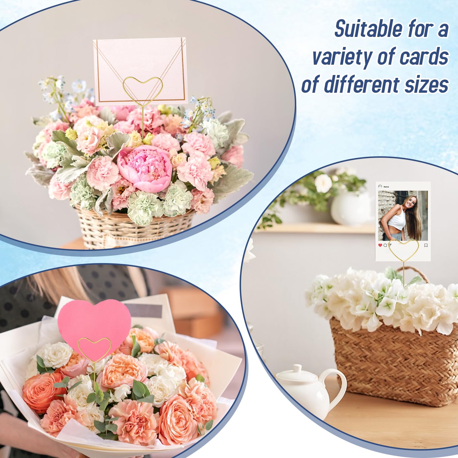 40Pcs Floral Picks Metal Floral Place Card Holder, Floral Card Holder Picks, Heart Loop Picture Holders, Flower Card Holder Stic