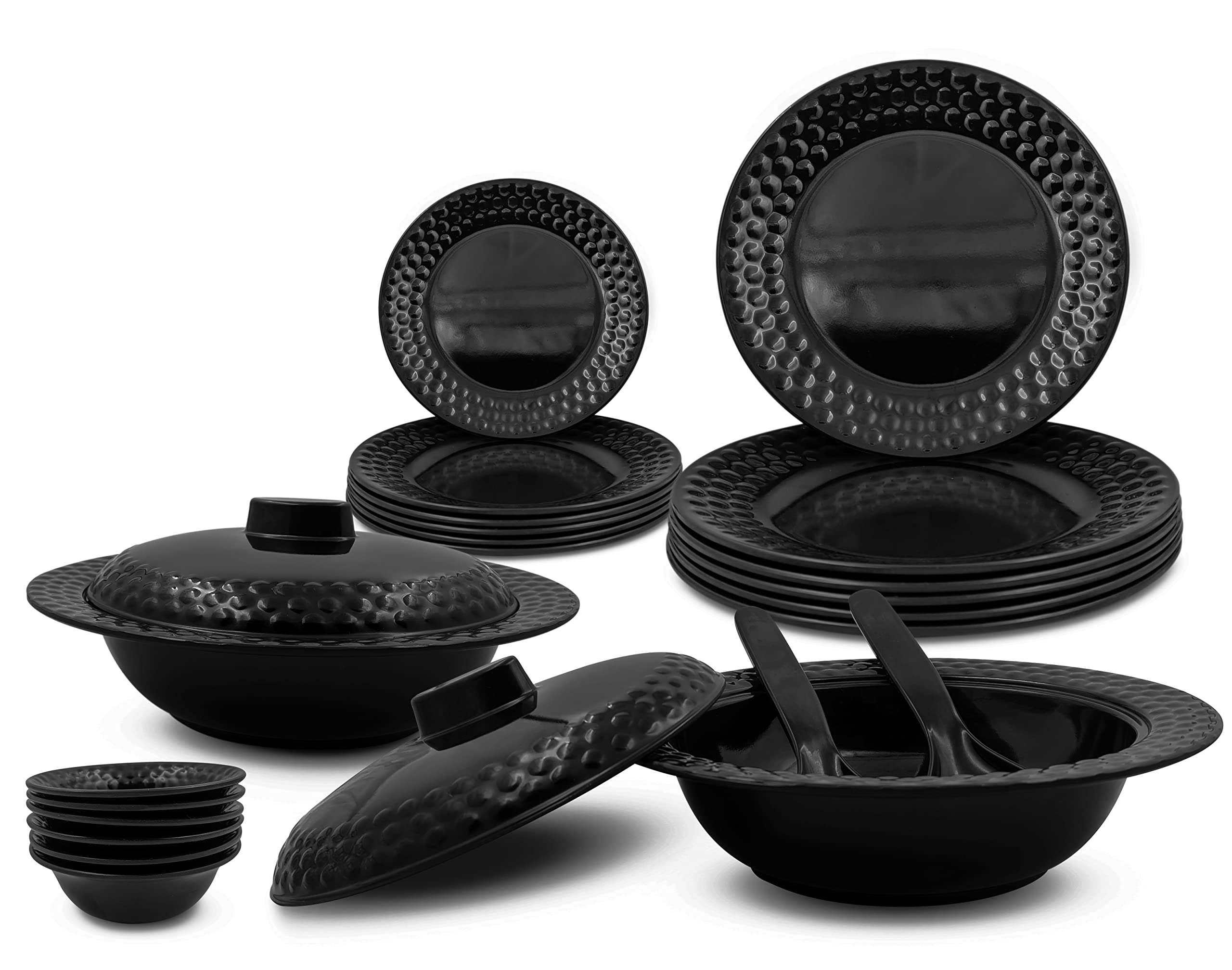 Konvio Kitchen Black Melamine Unbreakable Dinner Set Collection Plates Bowl And Spoons (22 Pieces, Black Base)
