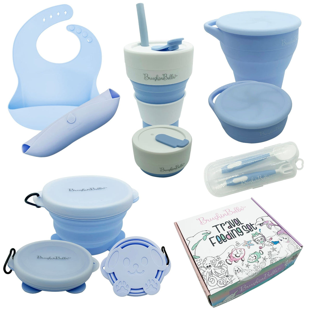 BrushinBella Baby Feeding Set - Collapsible Feeding Supplies for Travel - Food Grade Silicone Suction Baby Bowl, Baby Plate, Bab