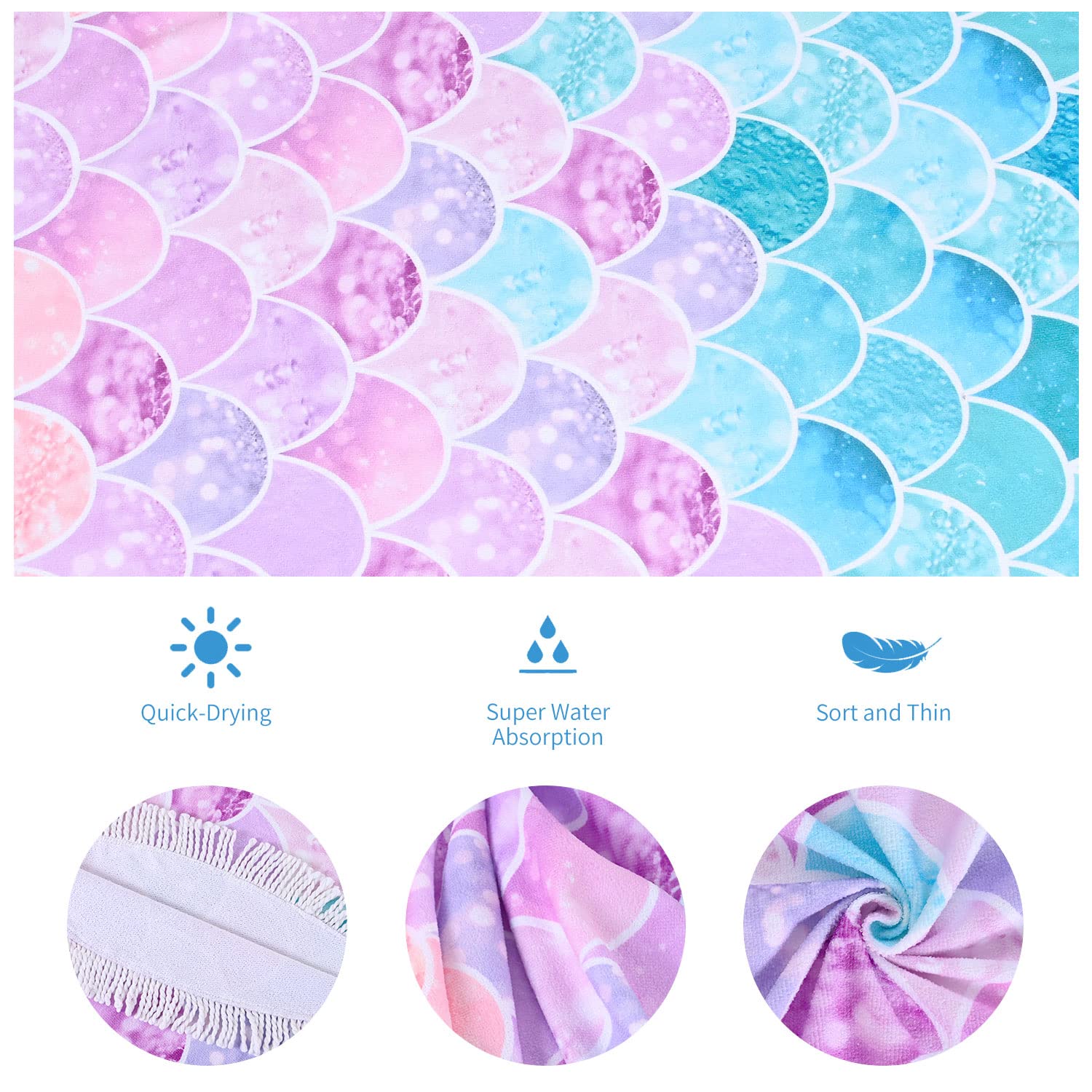 Oversized Round Little Mermaid Beach Towel For Girls Women, Lightweight Microfiber Picnic Pool Swimming Bath Towel With Fringe,