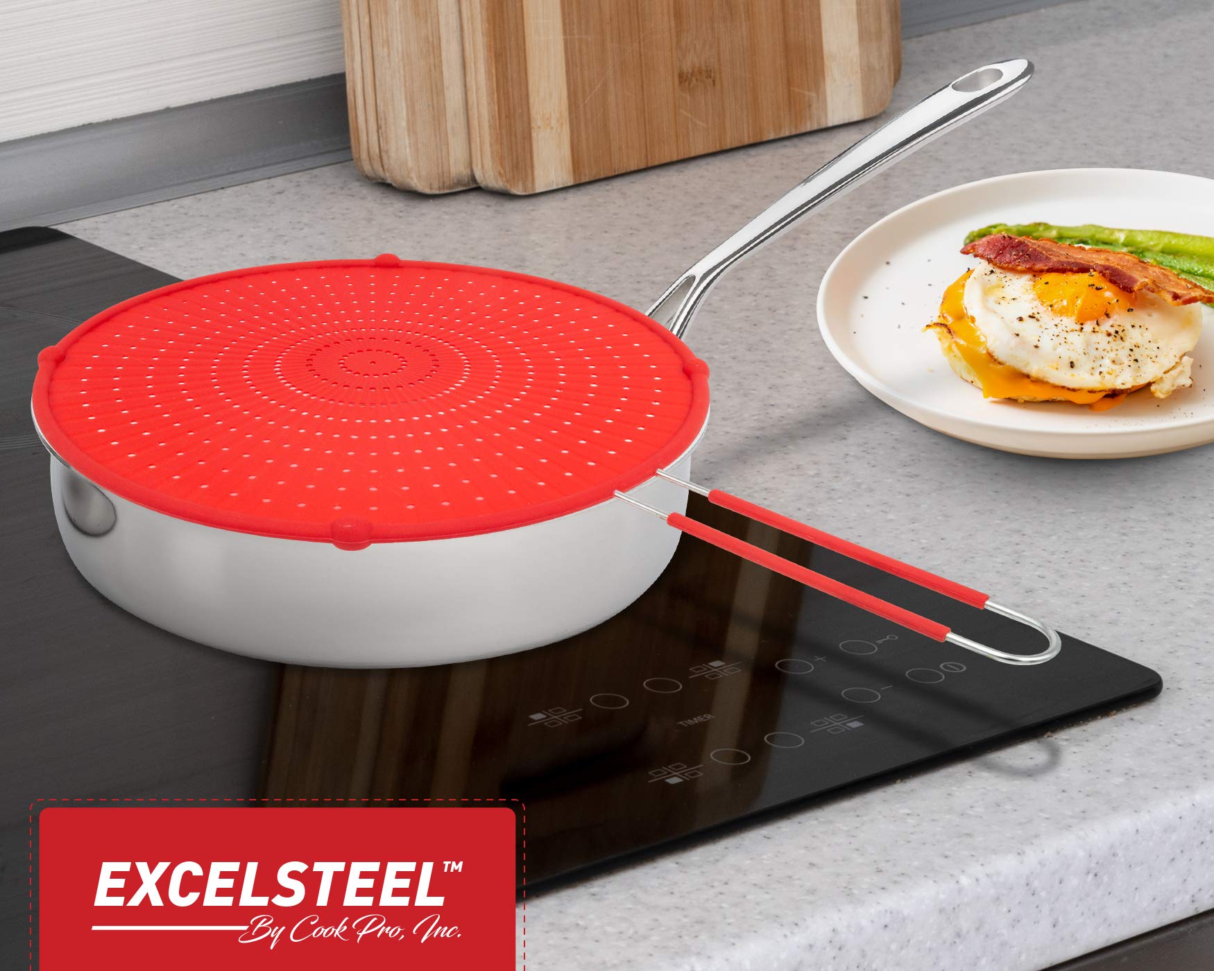 ExcelSteel 13'' Silicone Splatter Screen w/Non-Slip Grip  Red
