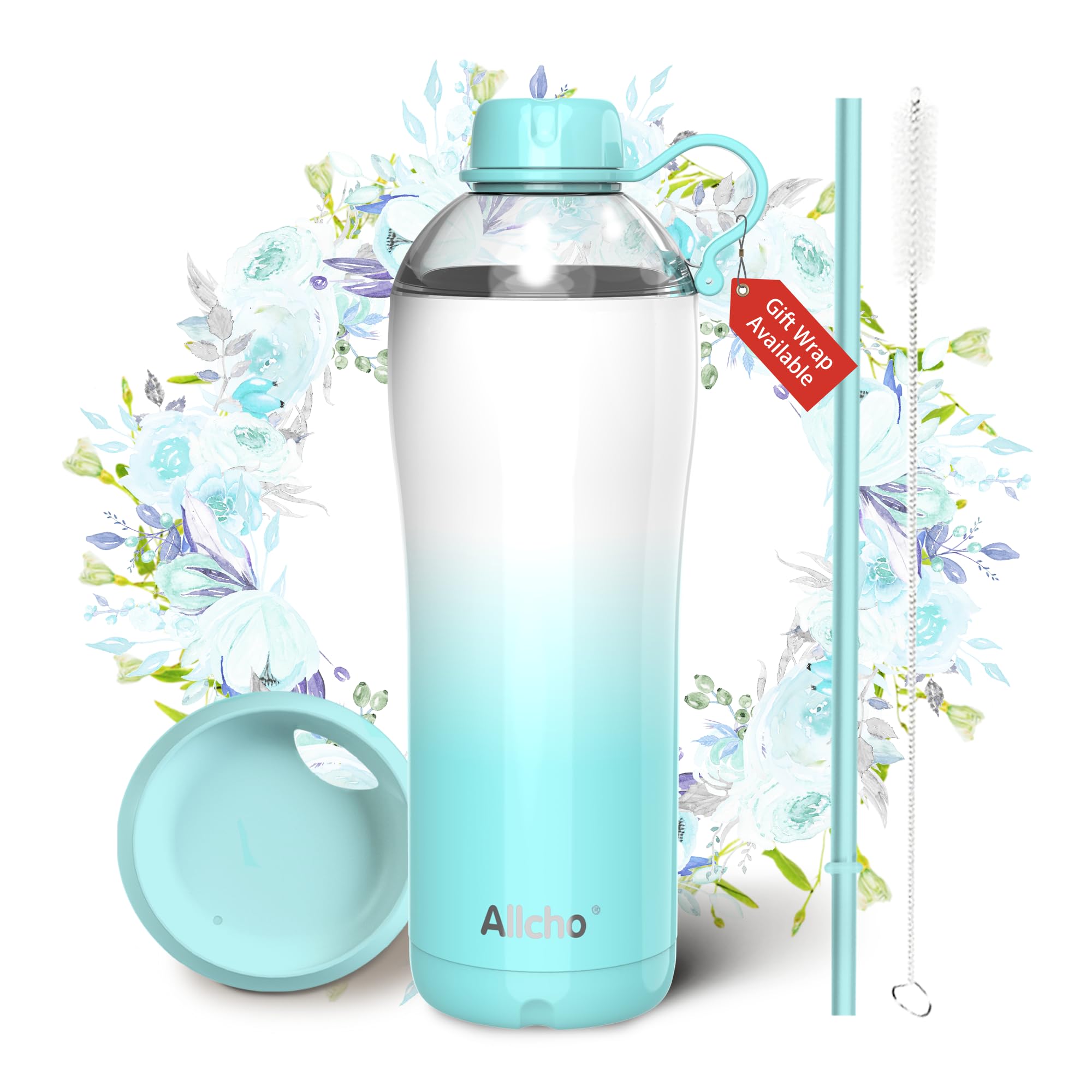 Allcho Insulated Water Bottle for Women, 24 oz Stainless Steel Water Bottles, Double Walled, 2 Lids (Chug & Tumbler) - Hydrate &