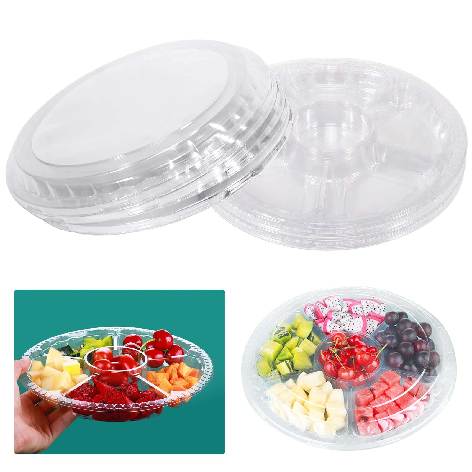 10 Pcs Round Plastic Appetizer Tray With Lid - Divided Serving Tray, Disposable Food Storage Trays Containers, Plastic Tray Stor