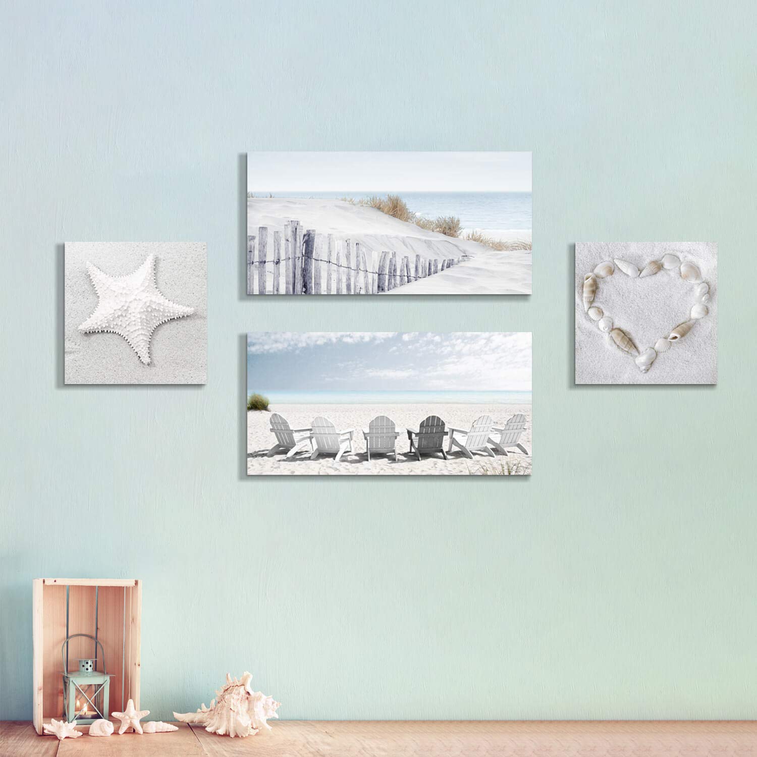 Artistic Path Beach Wall Art Seascape Print: Starfish & Chair On Seaside Giclee Artwork Painting On Canvas For Wall Decor(Overal