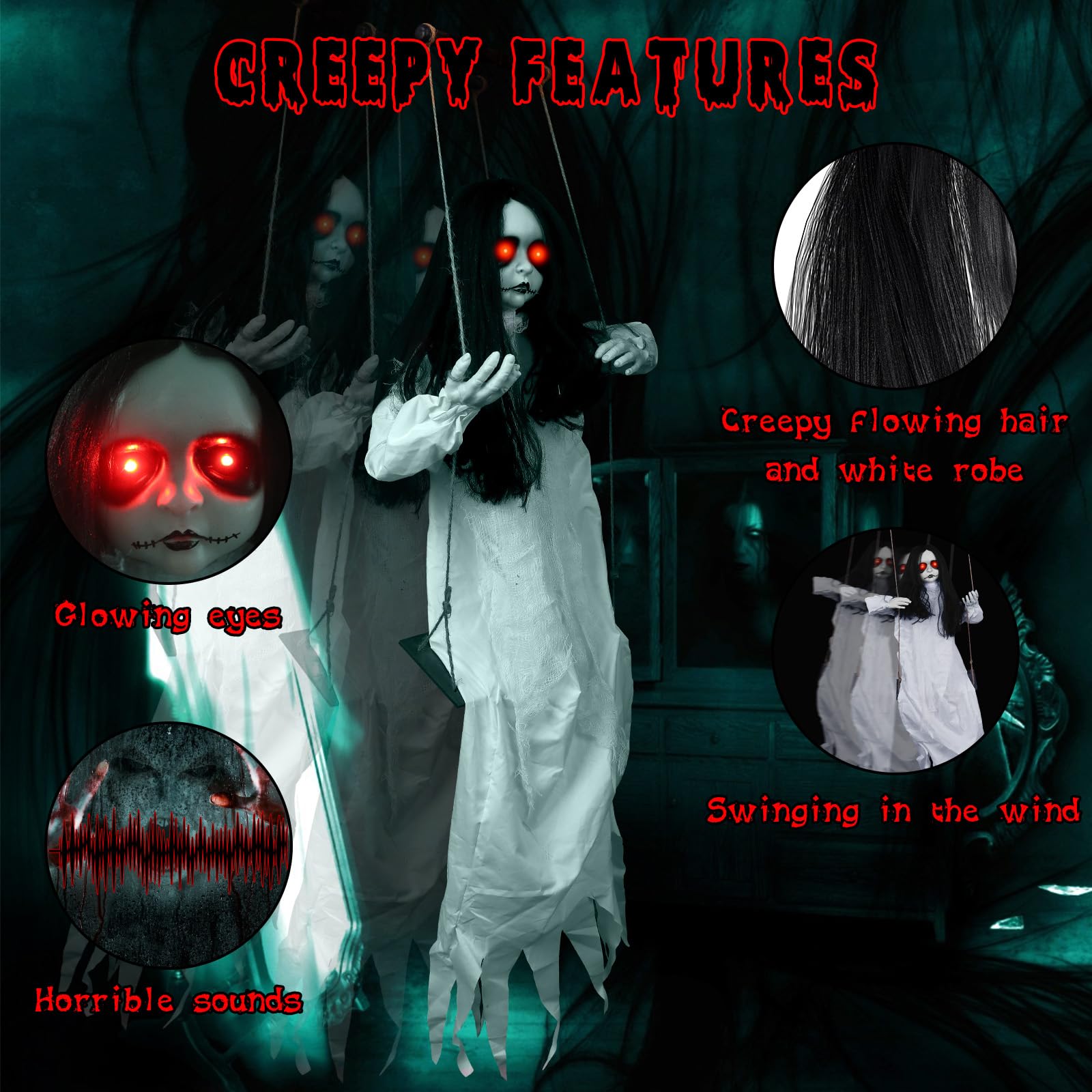 Scary Halloween Decorations Outdoor Hanging Swinging Girl with Sound & Slap Activated, Light Up Eyes Creepy Sound Expressions, L
