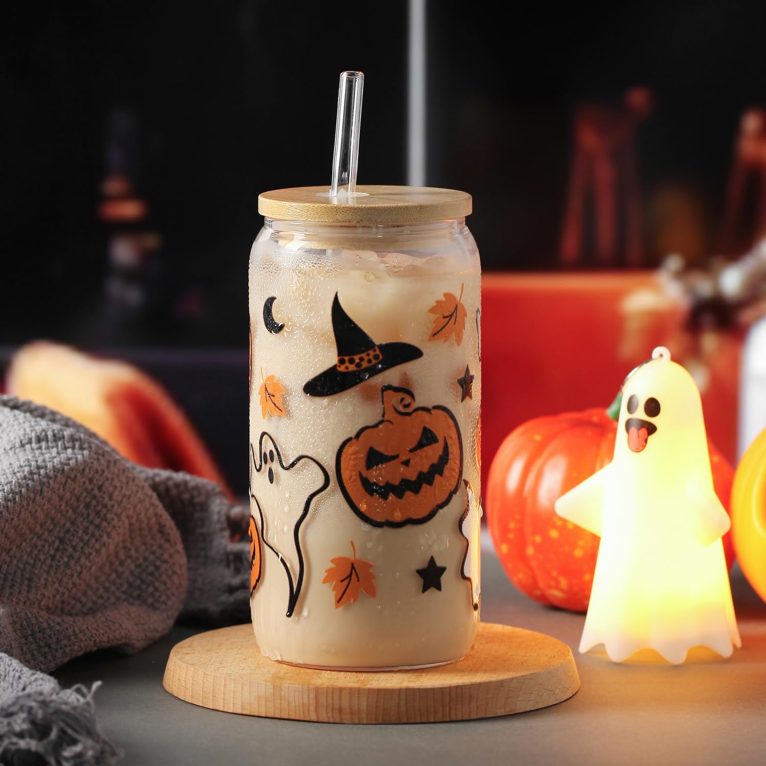 Halloween Pumpkin Ghost Glass Cup with Lids and Straws, 16 oz Glass Tumbler, Spooky Iced Coffee Mug for Smoothie, Cute Halloween