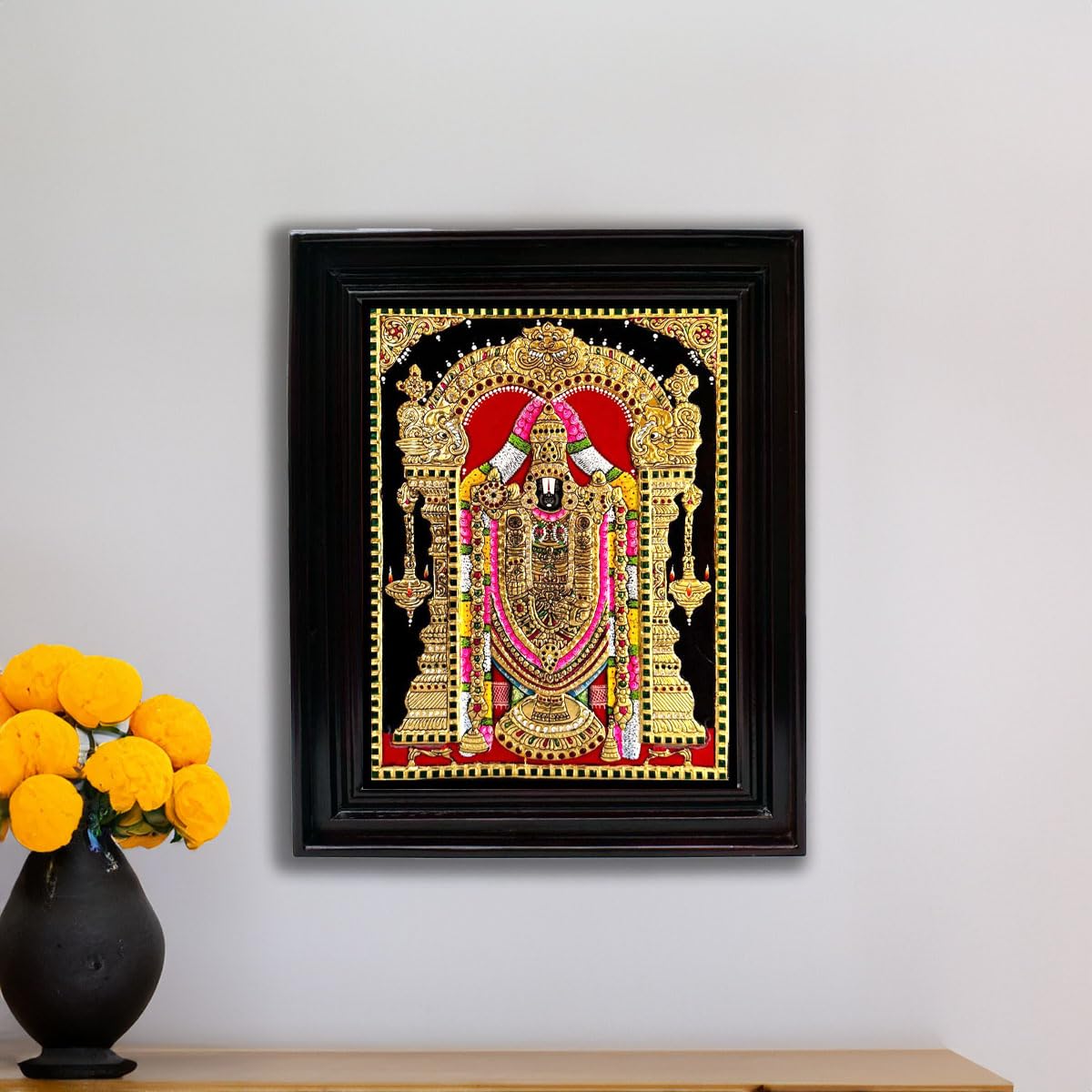 Tarang Arts Lord Balaji Tanjore Paintings With Chettinad Wood Classic Frame, 22Carat Gold Foil & Jaipur Stones Handwork Painting