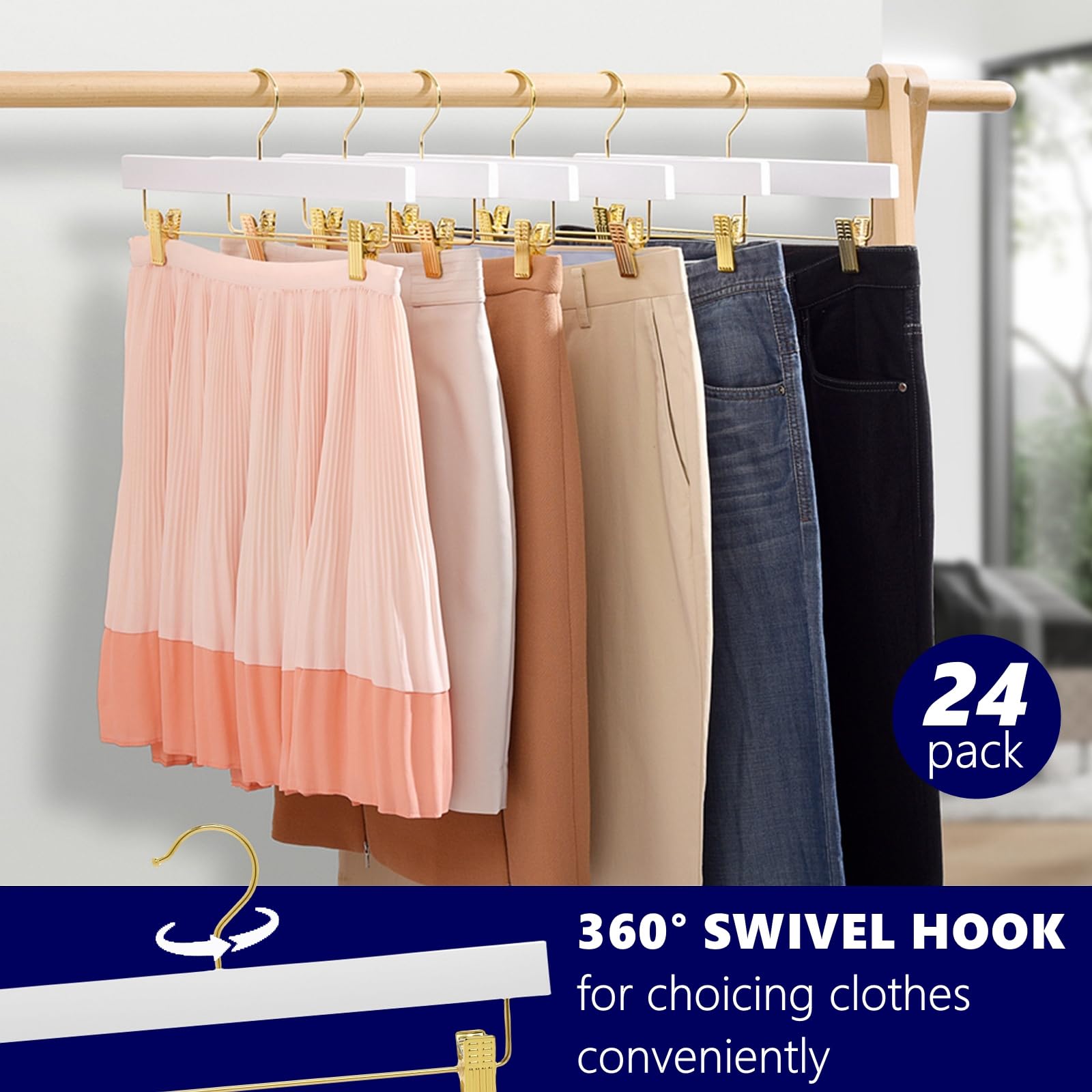 Amber Home White Wooden Pants Skirts Hangers 24 Pack  Solid Wood Trousers Bottom Hanger with 2-Adjustable Gold Clips  Clips Hangers for Slacks  Jeans  Shorts (White + Gold  24)
