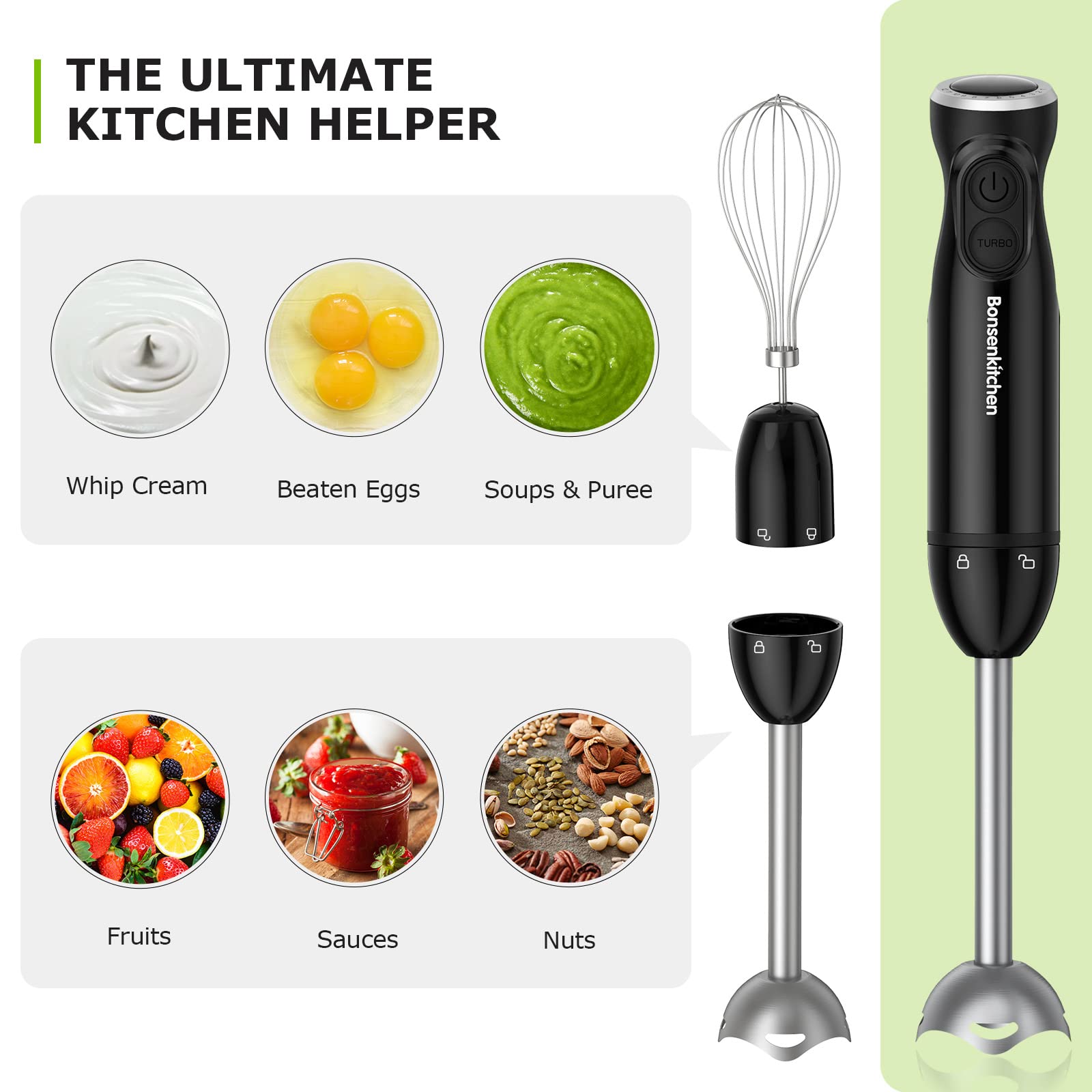 Bonsenkitchen Immersion Blender Handheld, 12-Speed And Turbo Hand Blender Electric With Sharp Blades, 3-In-1 Hand Held Stick Ble