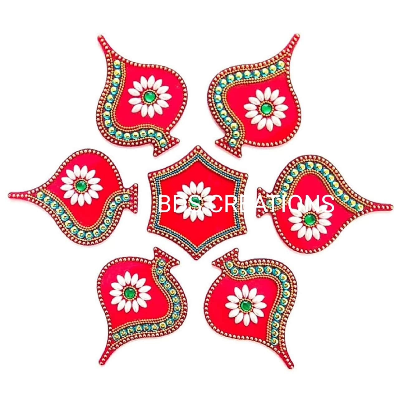 Bds Creations Yellow Handicrafted Decorated Diwali Rangoli Set - Multicolor Jewel Stone/Kundan Decorations - 6 Piece Set
