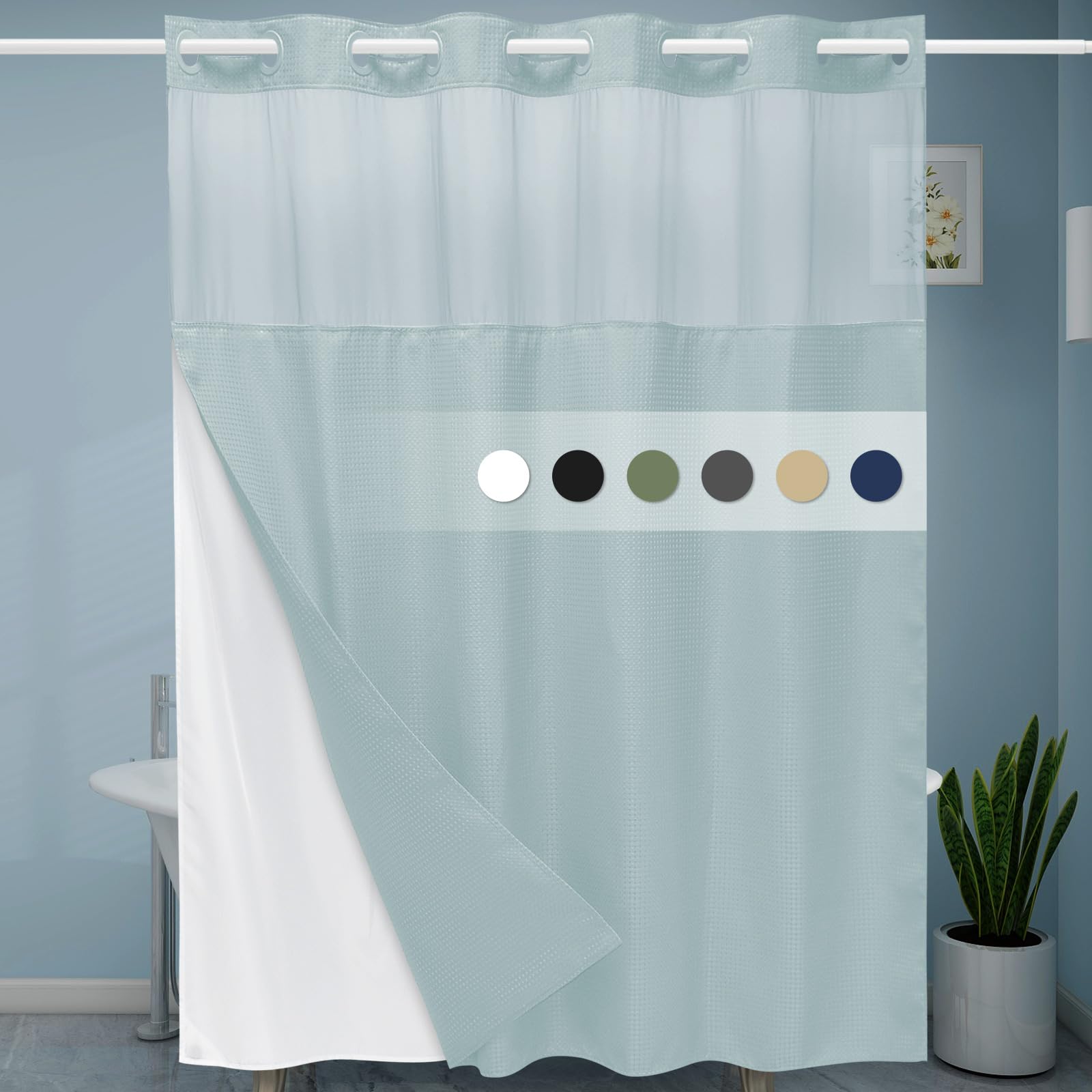 Eutxl Fog Blue No Hook Shower Curtain With Snap In Liner,230Gsm Waffle Weave Shower Curtains For Bathroom,71W X 74H