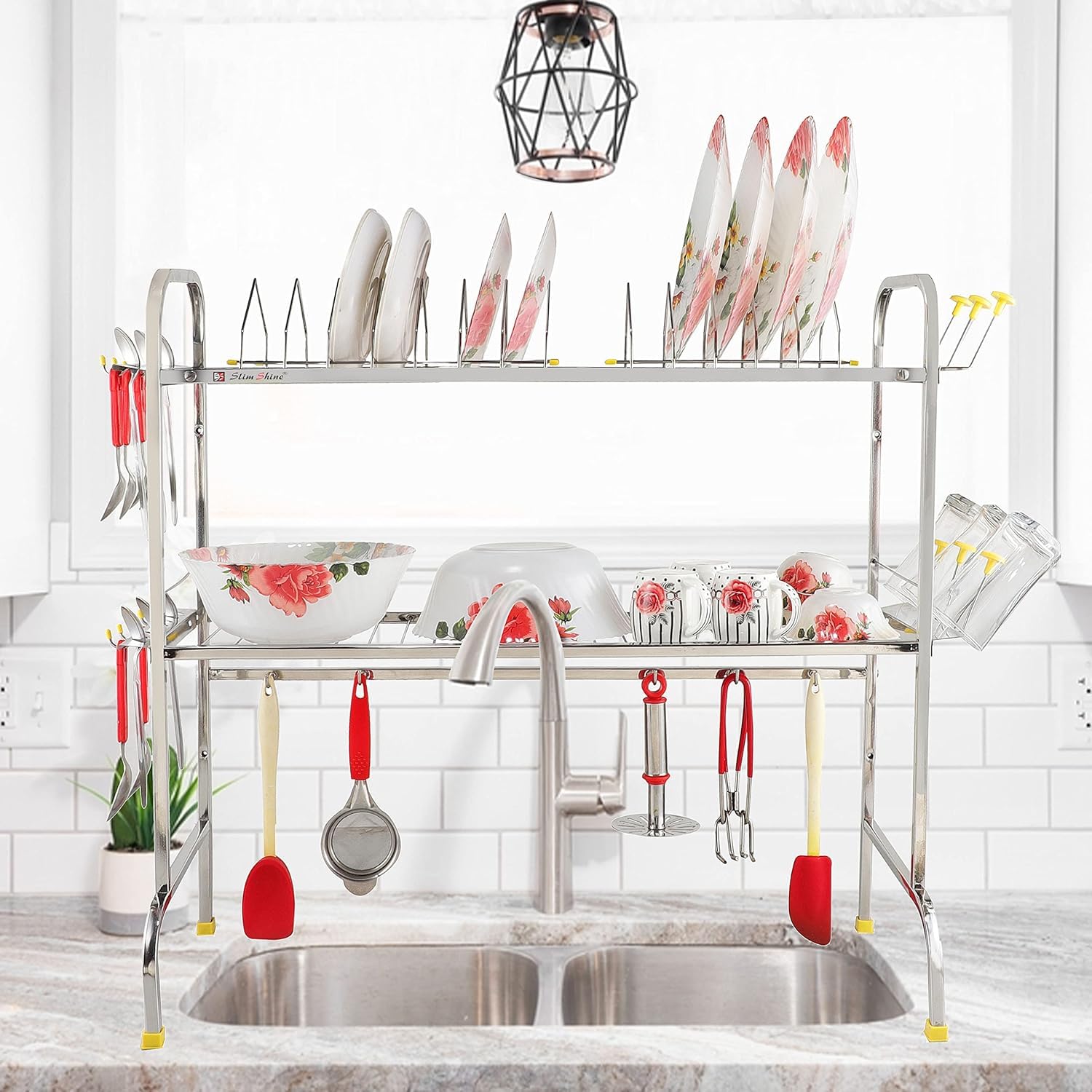 Slimshine Stainless Steel Over The Sink Dish Drying Rack | 2Tier Utensil Holder For Kitchen | Counter Top Sink Standing Shelf F