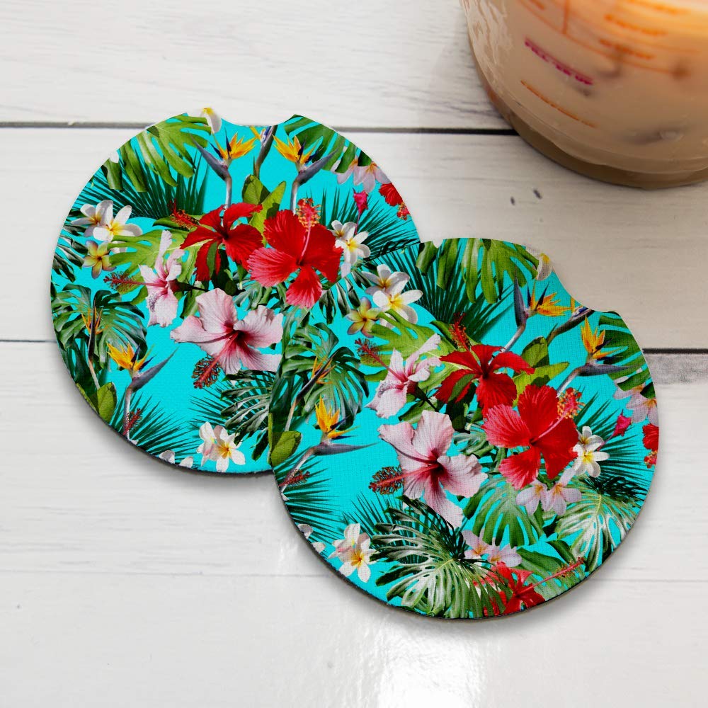 Tropical Red Hibiscus | Car Coasters For Drinks Set Of 2 | Perfect Car Accessories With Absorbent Coasters. Car Coaster Measures
