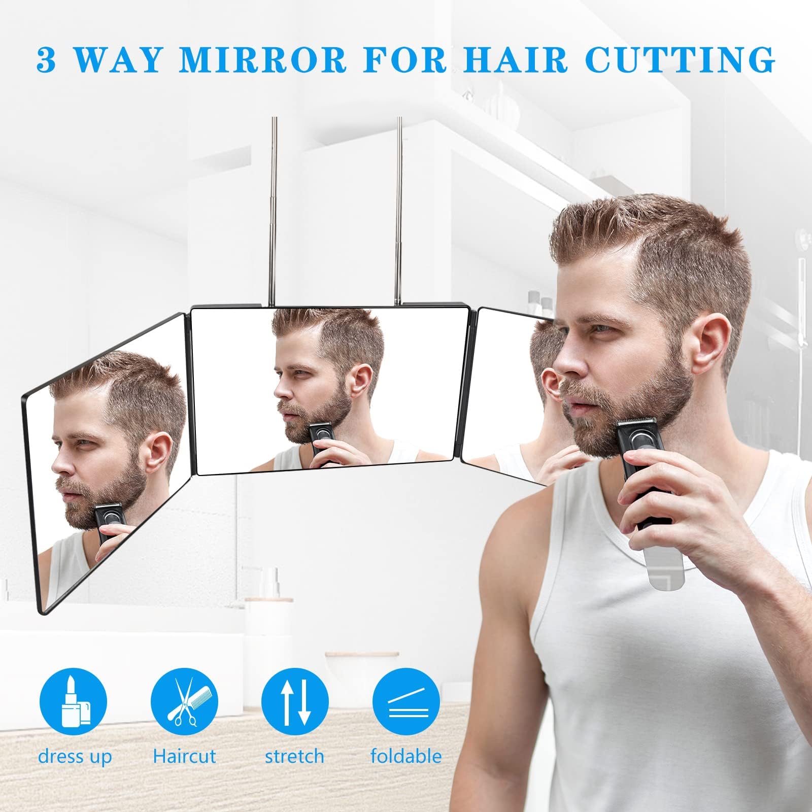 Janmpask 3 Way Mirror For Self Hair Cutting Tools With Height Adjustable Mirror 360 Trifold For Makeup To See Back Of Head (Blac