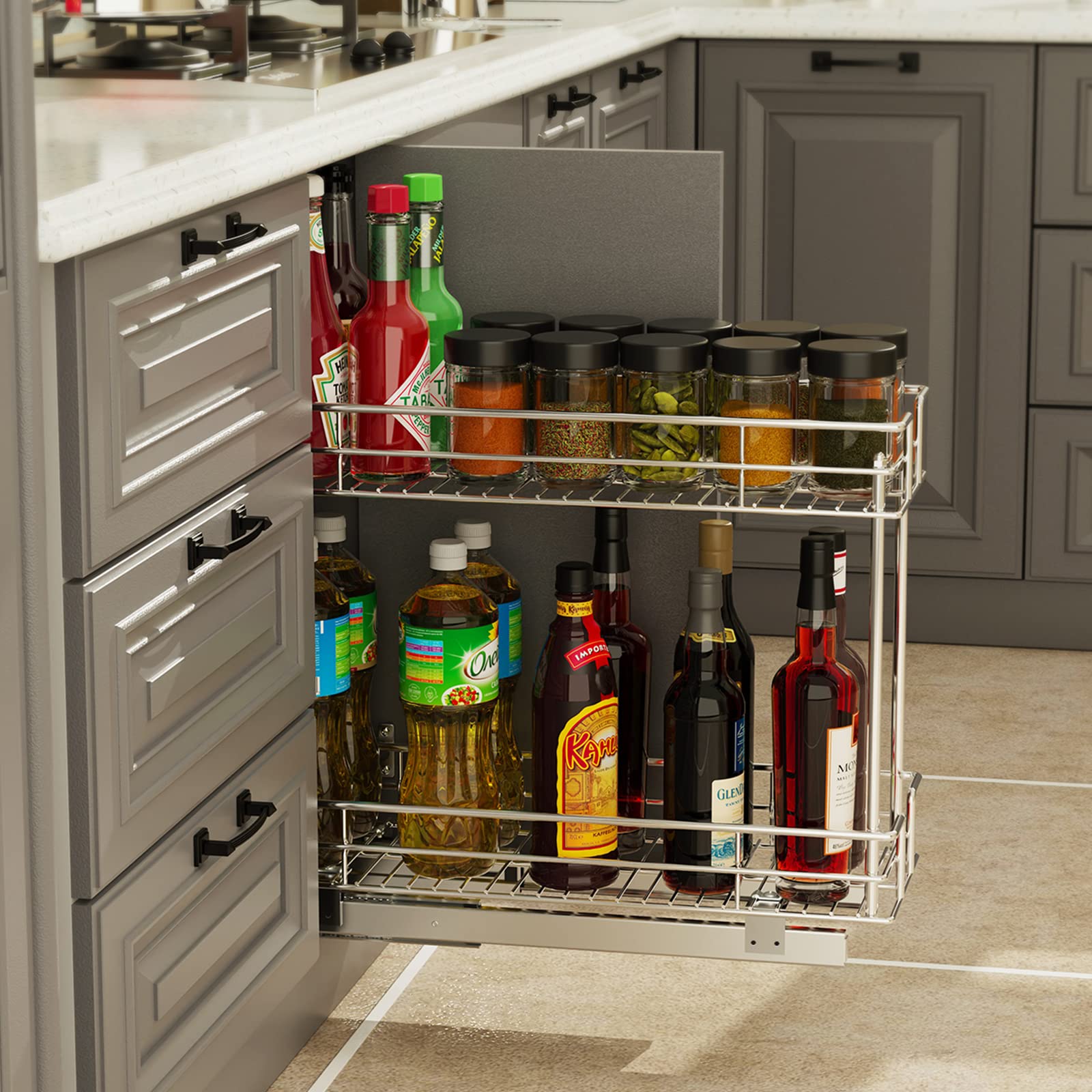 Lovmor Pull Out Cabinet Organizer And Storage (7'' W X 21'' D) 2-Tier Pull Out Shelf Storage For Kitchen Base Cabinet Silver (7'