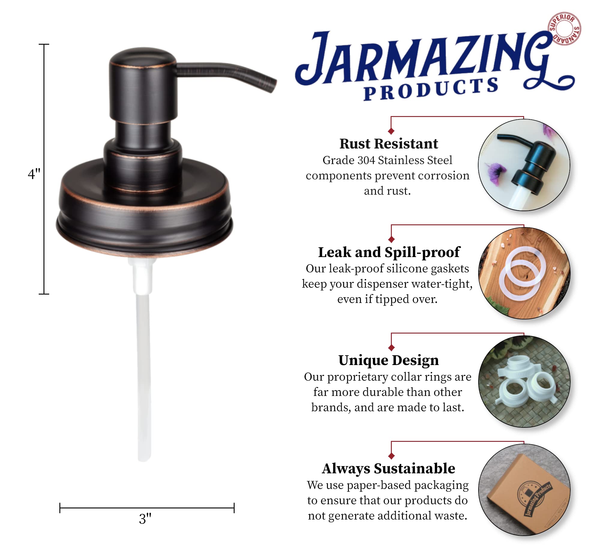 Jarmazing Products Classic Vintage Styled Oil-Rubbed Bronze Mason Jar Soap Dispenser Lids - Two Pack - For All Regular Mouth Can