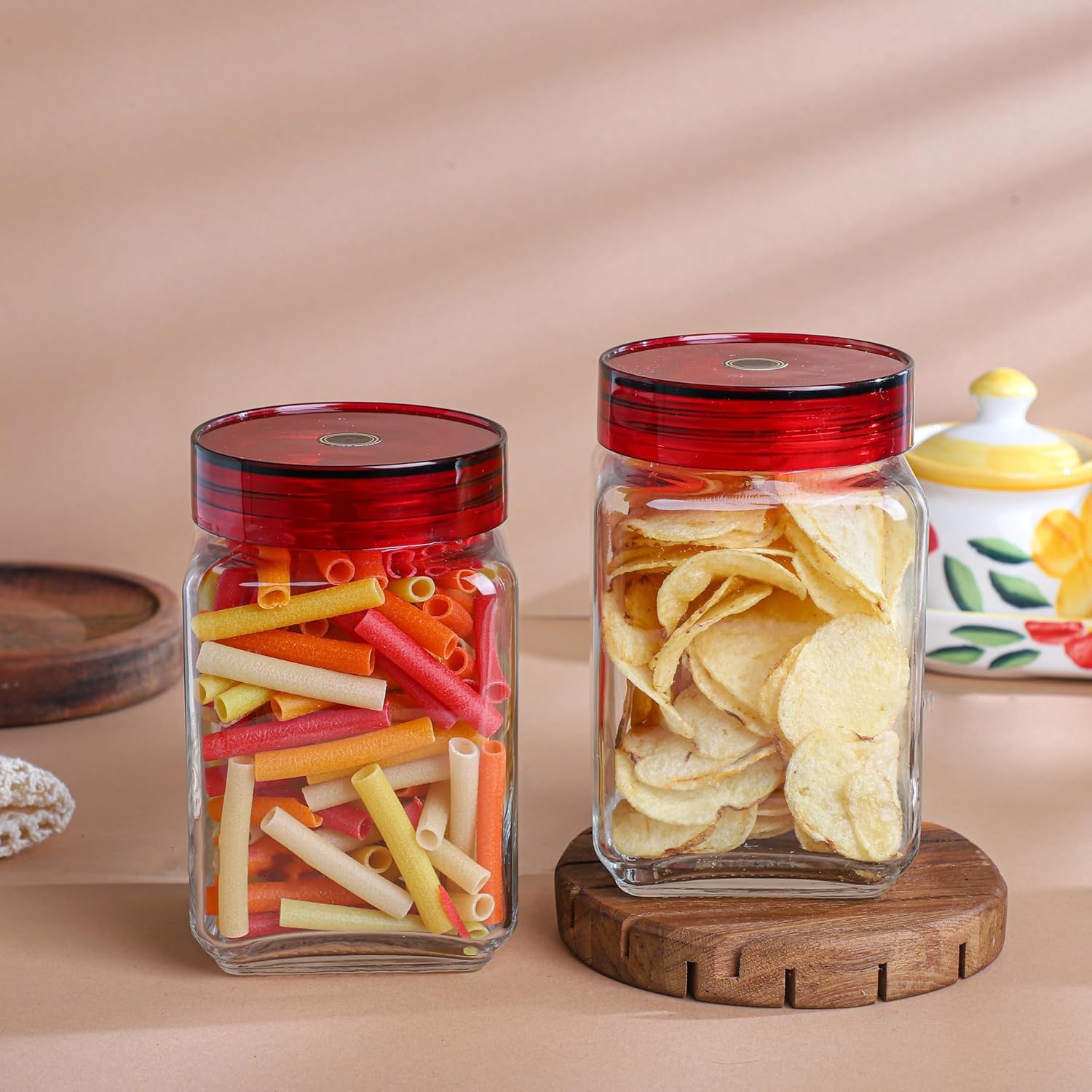 Nityanavin Cubical Square Glass Jars Containers With Maroon Plastic Lid For Kitchen Pantry, Snacks, Spice, Cookies, Dry Fruits, 