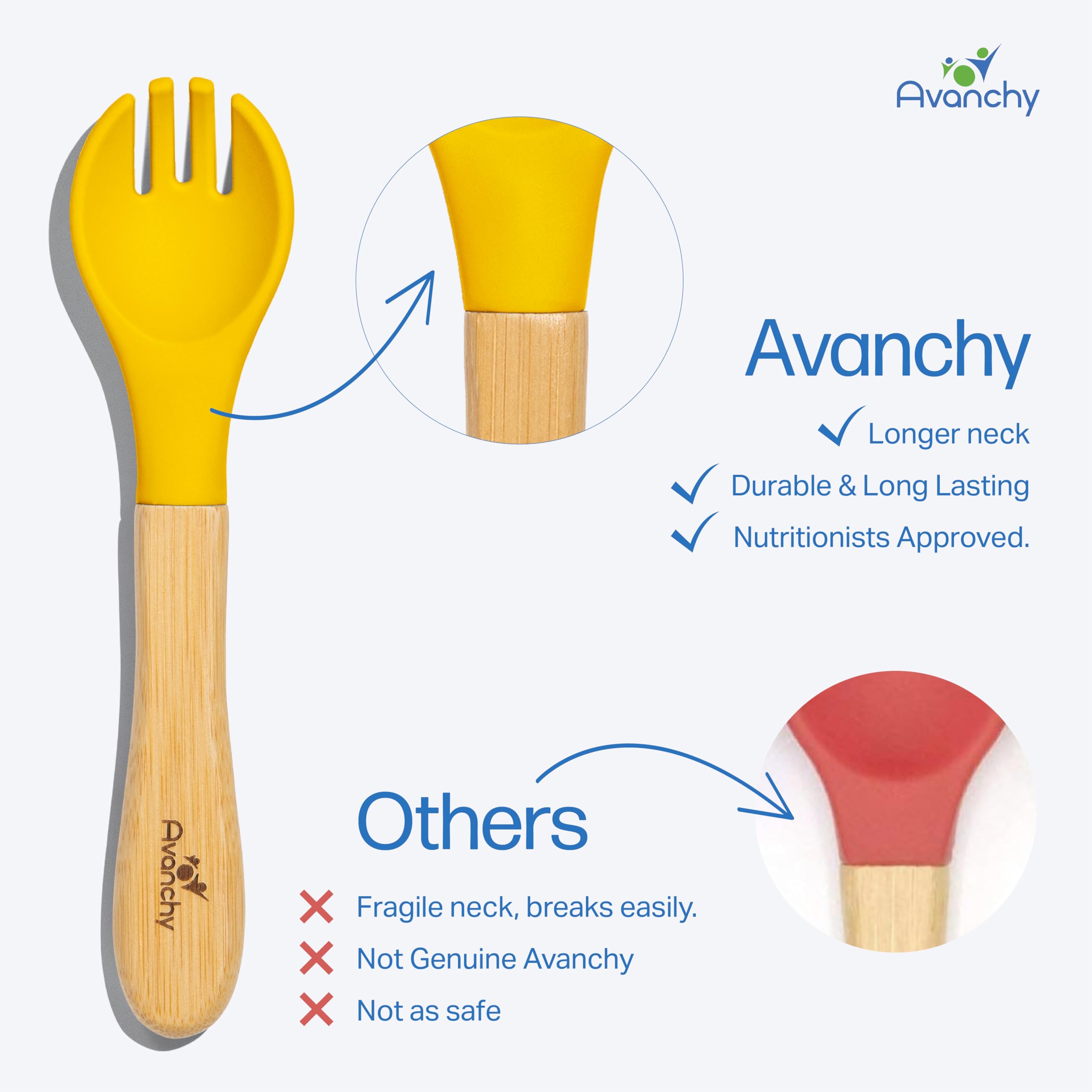 Avanchy Baby Fork Set, Bamboo and Silicone Spork Utensils, Toddler Baby Led Weaning Silverware Cutlery Flatware, Kids First Self