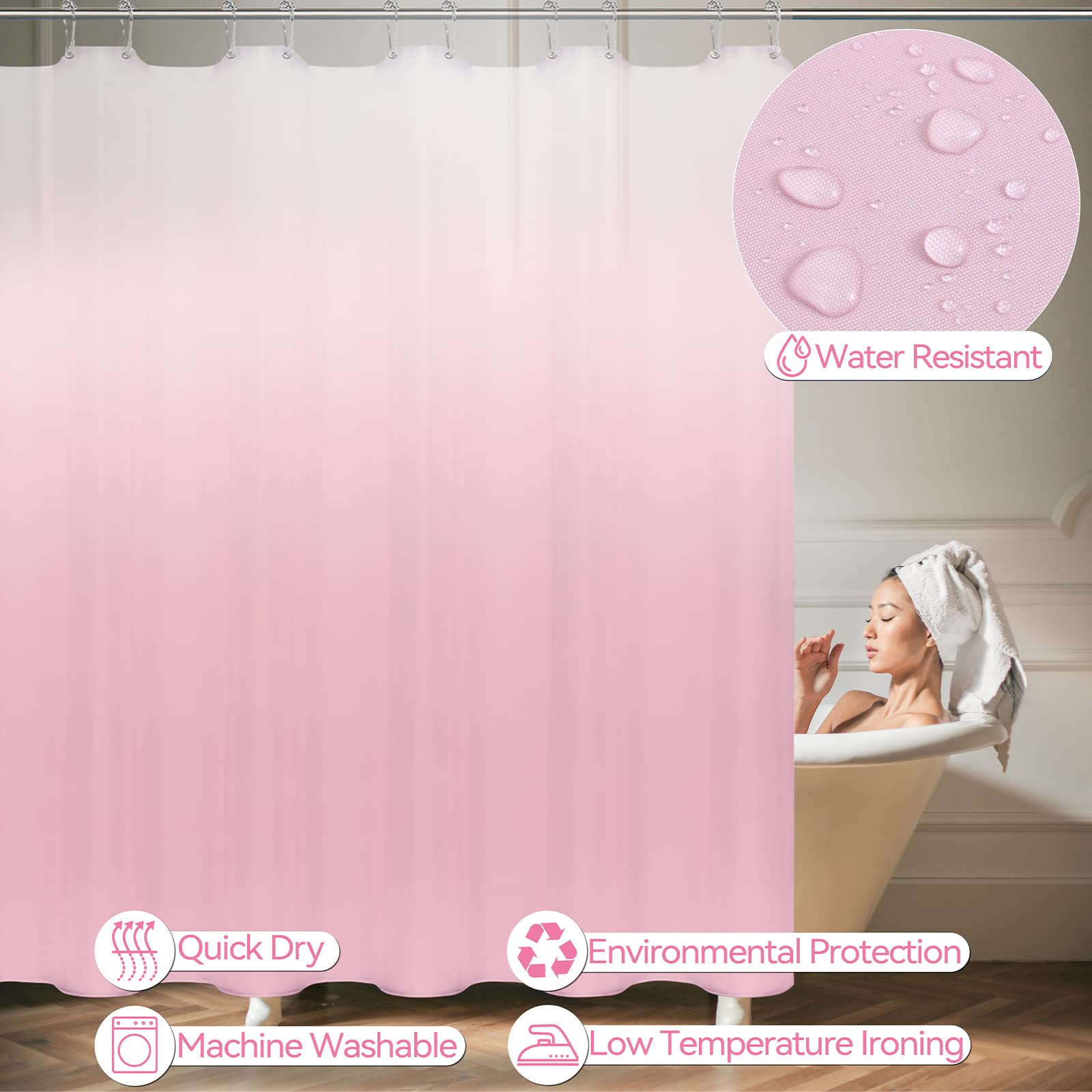 Bathroom Accessory Set - Bathroom Sets With Shower Curtain, Pink Ombre Waterproof Shower Curtain With Stainless Steel Hooks, Bat