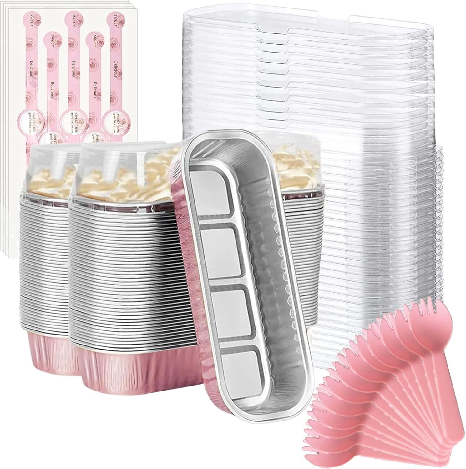 Findful Mini Loaf Baking Pans with Lids And Spoons (100 Pack, 6.8oz) Rectangle Aluminum Foil Baking Pans Tins Containers  Cupca
