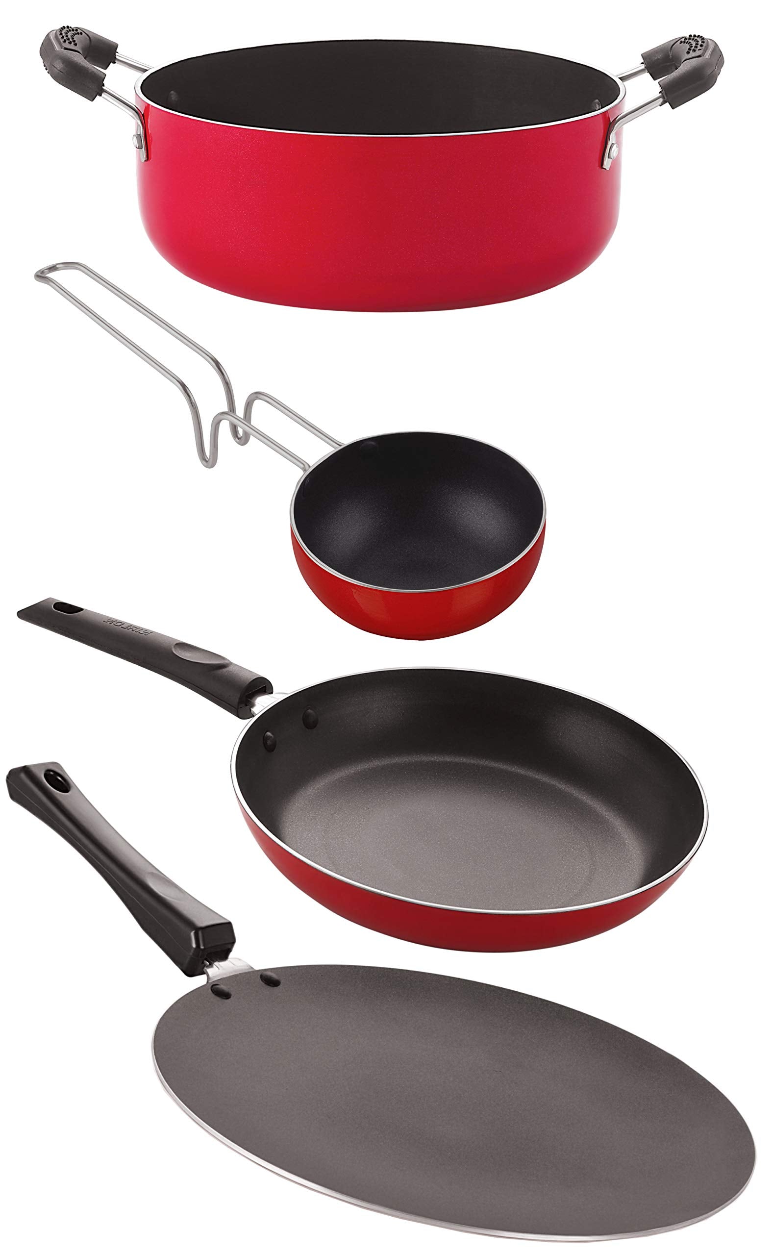 Nirlon Non Stick Gift Cookware 4 Pieces Set Aluminium Red & Black (Concave Tawa 27.5Cm + Tapper Pan 1 Ltr + Vagariya 300Ml + Cas