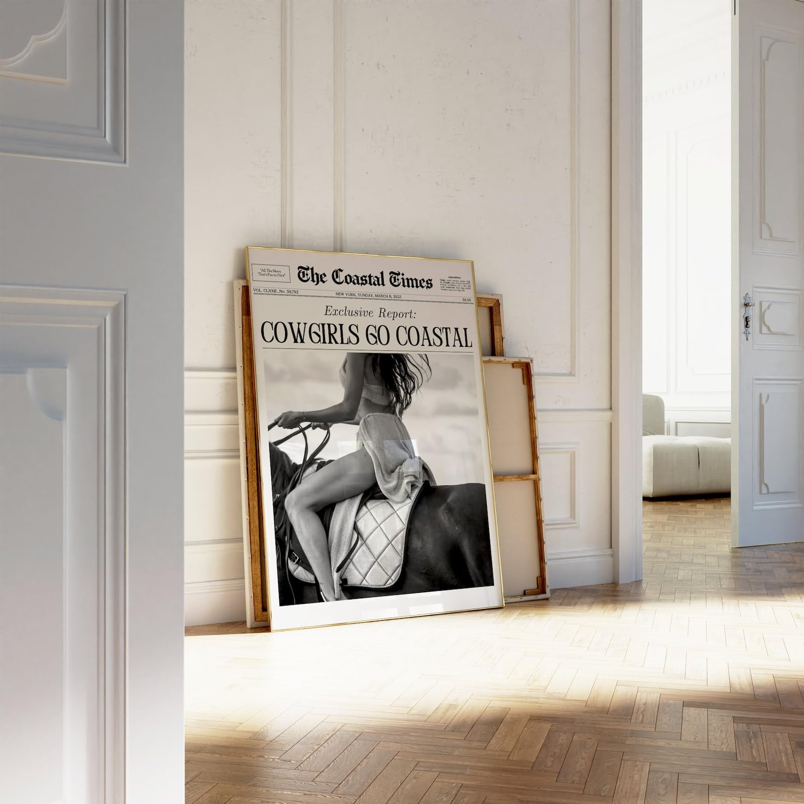Ihery Unframed Trendy Coastal Cowgirl Newspaper Wall Art Prints,12X16In Black Canvas Wall Art Prints, New York News,Western Wall