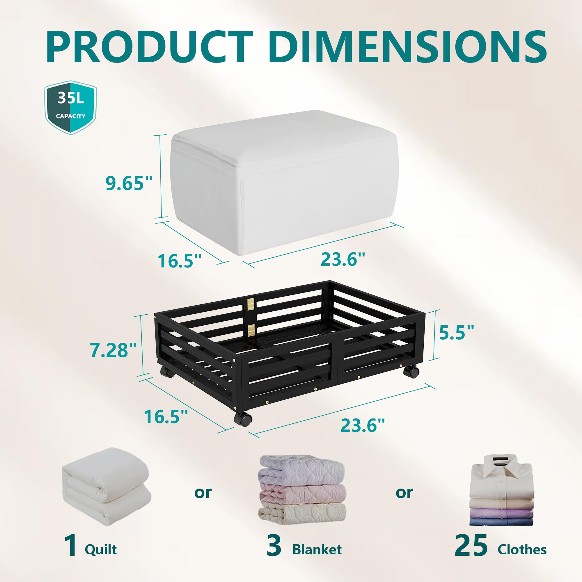 Bamboo Under Bed Storage Containers- Underbed Organizer with Wheels with Large Capacity Dust Bag,Sturdy Wood Rolling Under Bed S